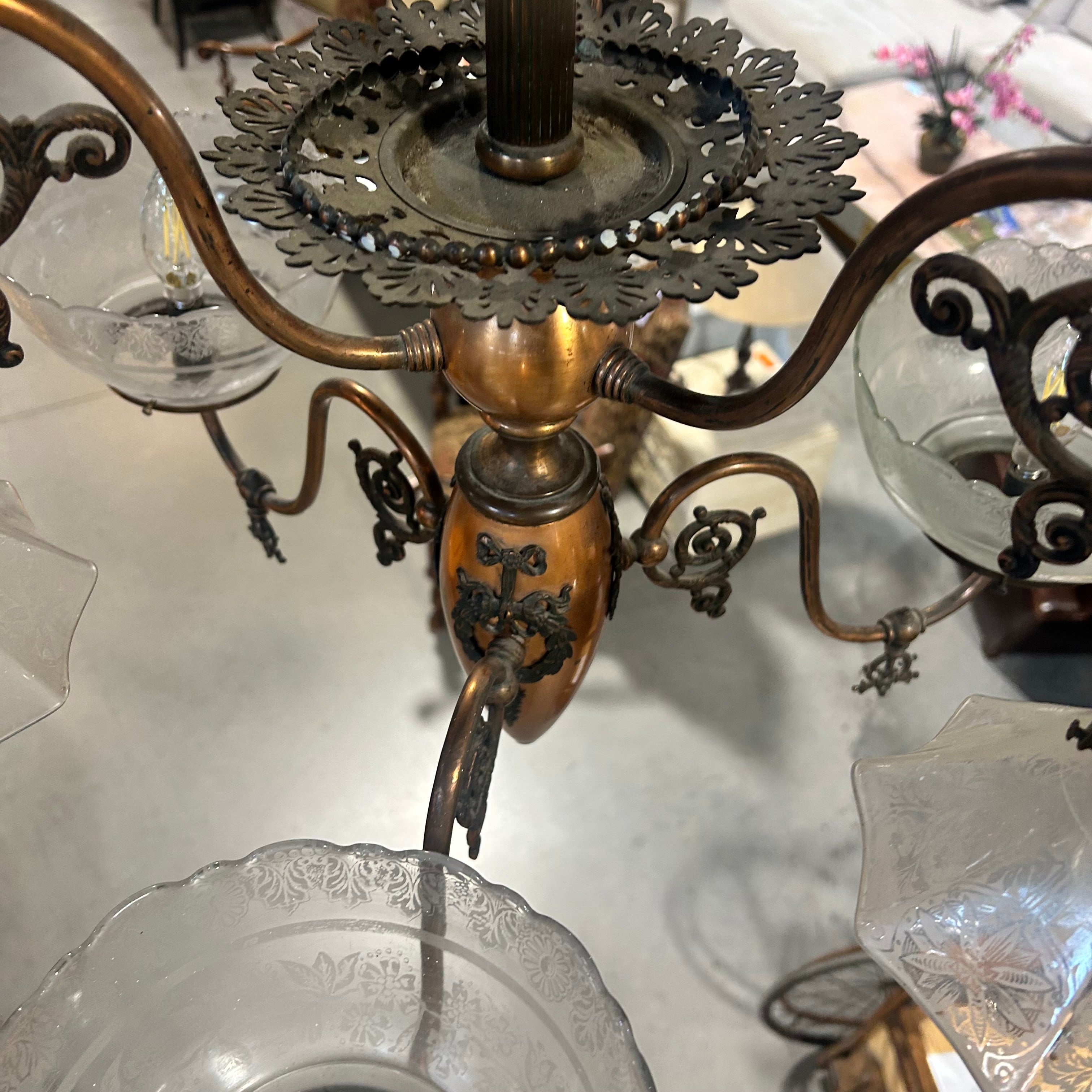 Eastlake Victorian Style Copper 6 Light Etched Glass Earl 1900s Pendant 27"x 43"