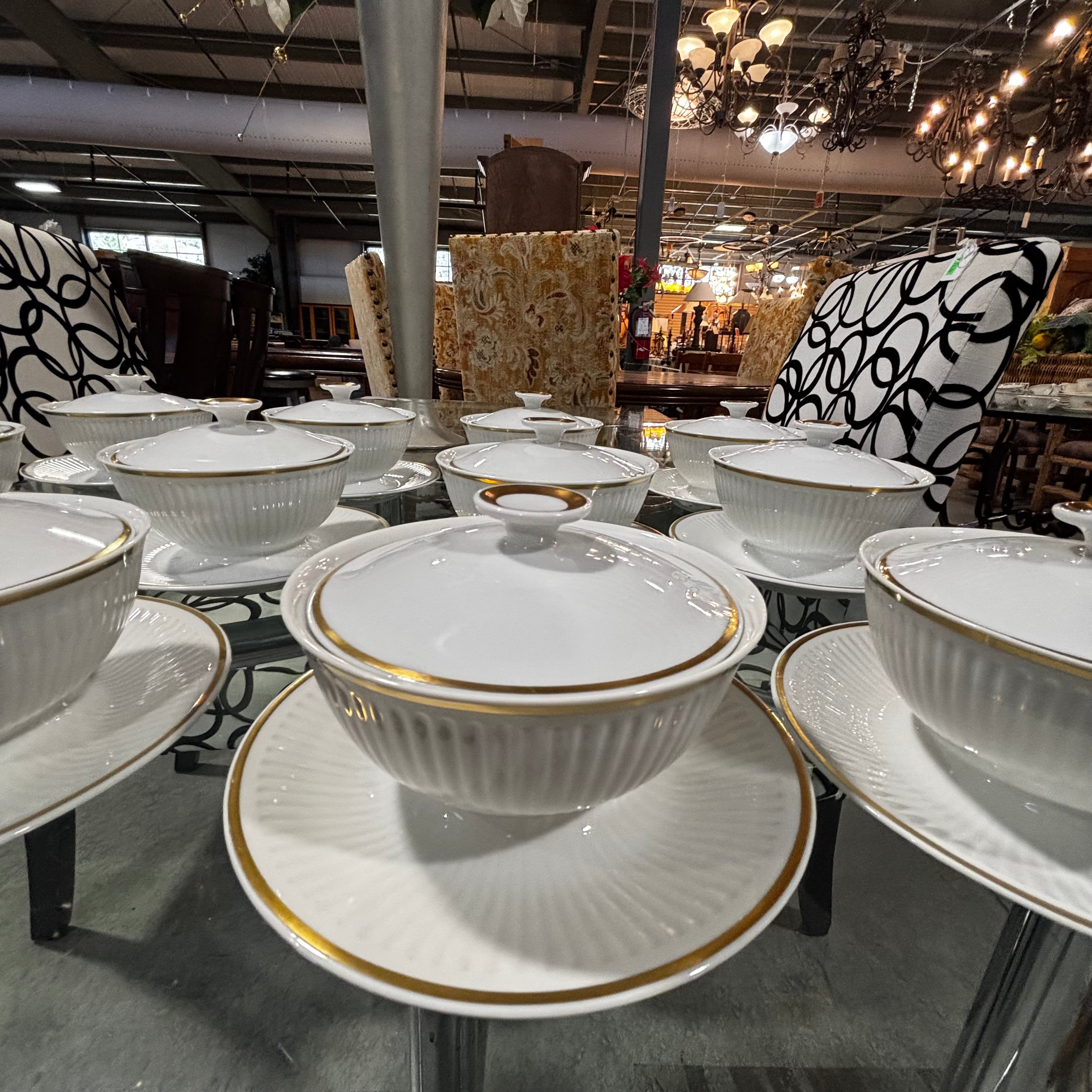 Set of 12 Antique Royal Copenhagen"Tunna" Lidded Consomme Bowls with Attached Under Plates White/Gold Trim #1277