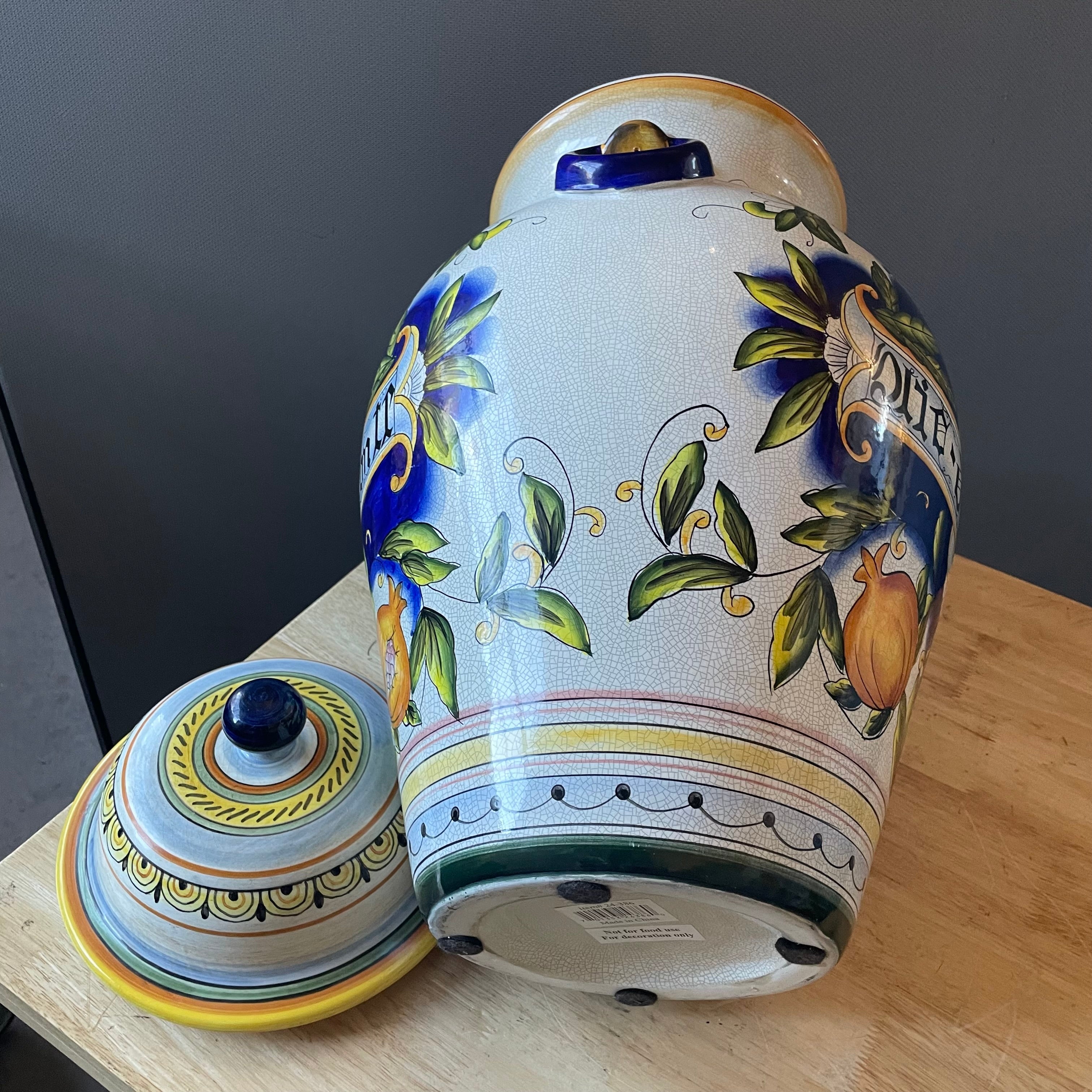 Decorative Majolica Style Reproduction Lidded Apothecary Jar, 14"x 23"