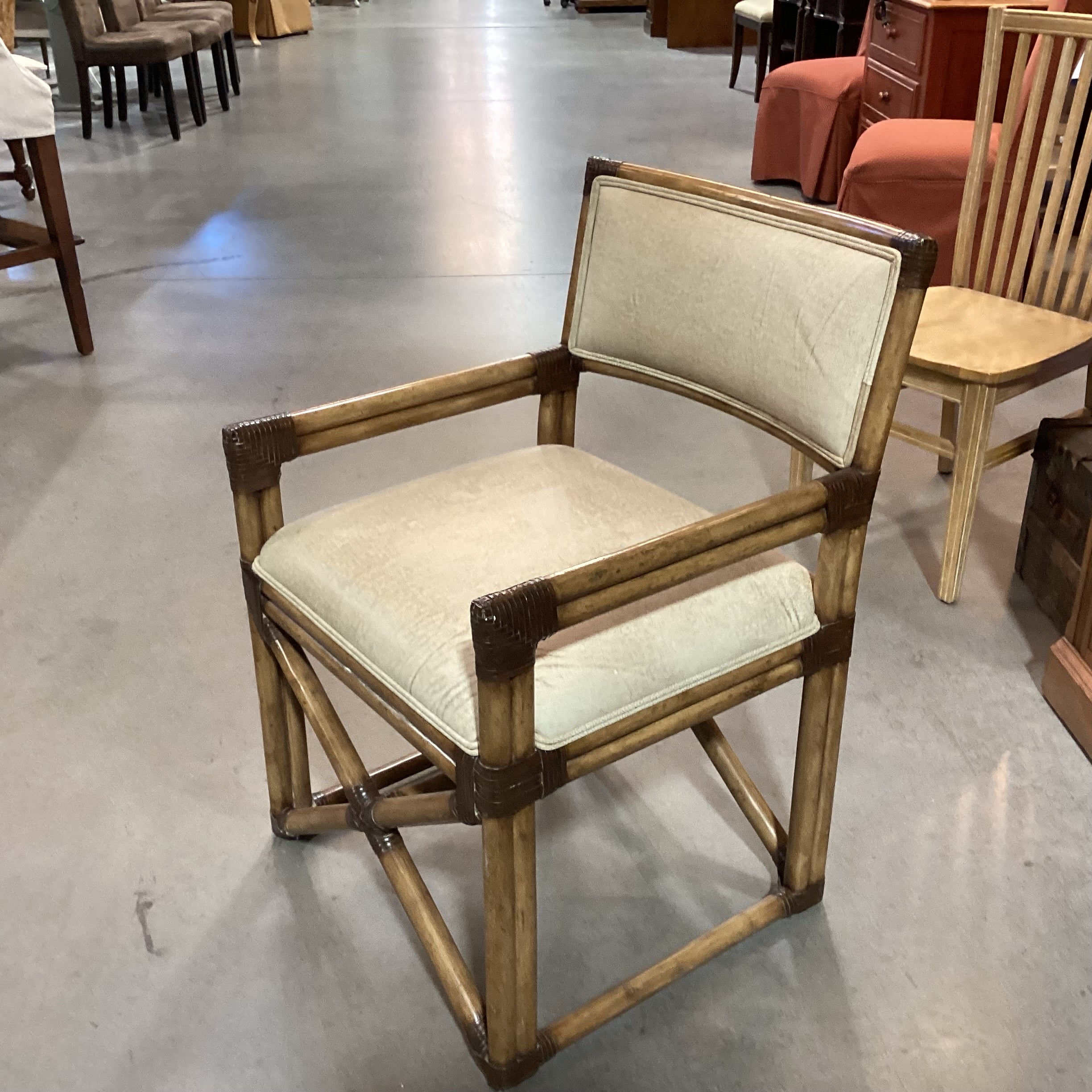 Vintage Bamboo Leather Strap Wrapped & Texture Tan Leather Accent Chair 24"x 24"x 35"