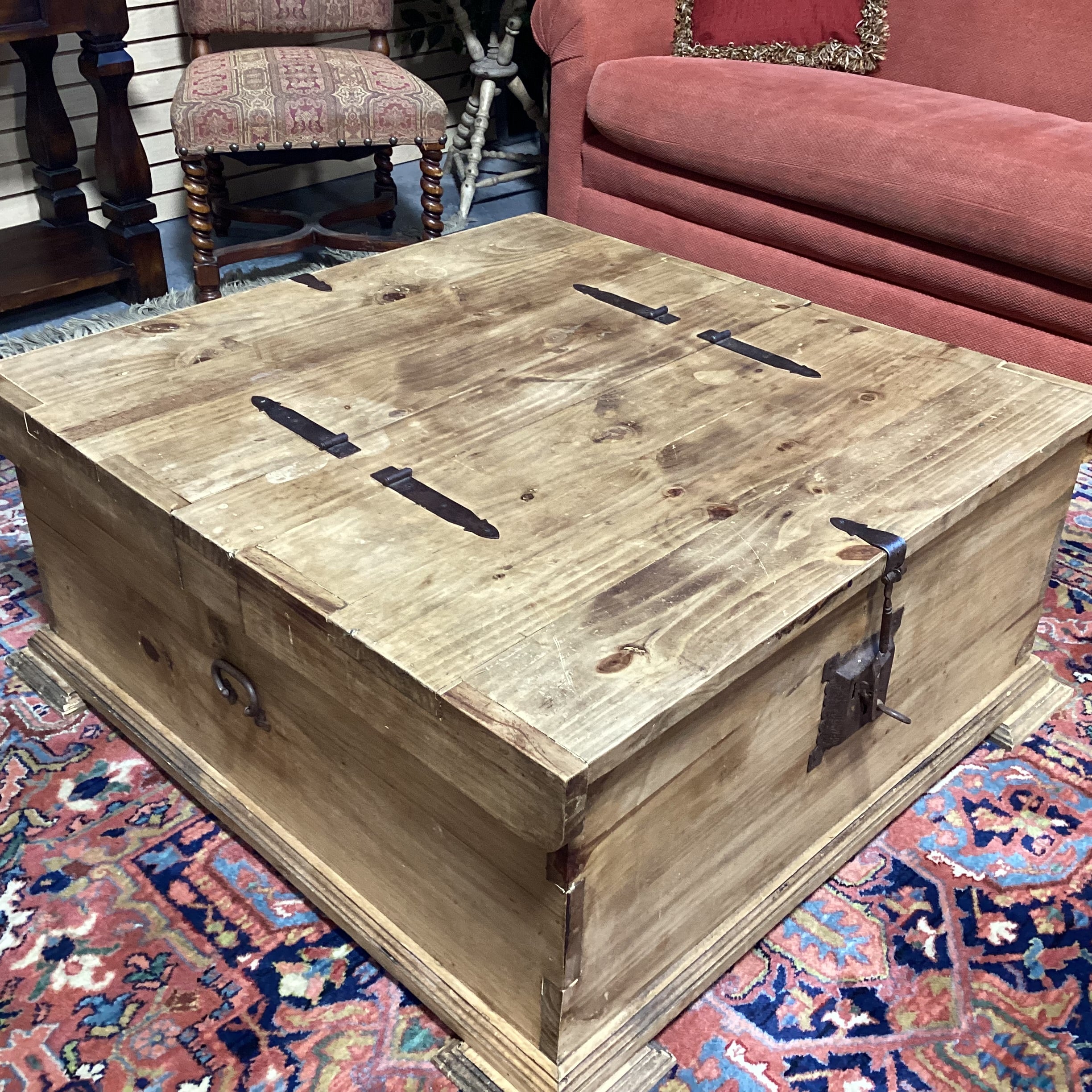 Rustic Pine with Iron Accent Trunk Style with 2 Lift Door Top Storage Coffee Table 41.5"x 43.5"x 18.5"