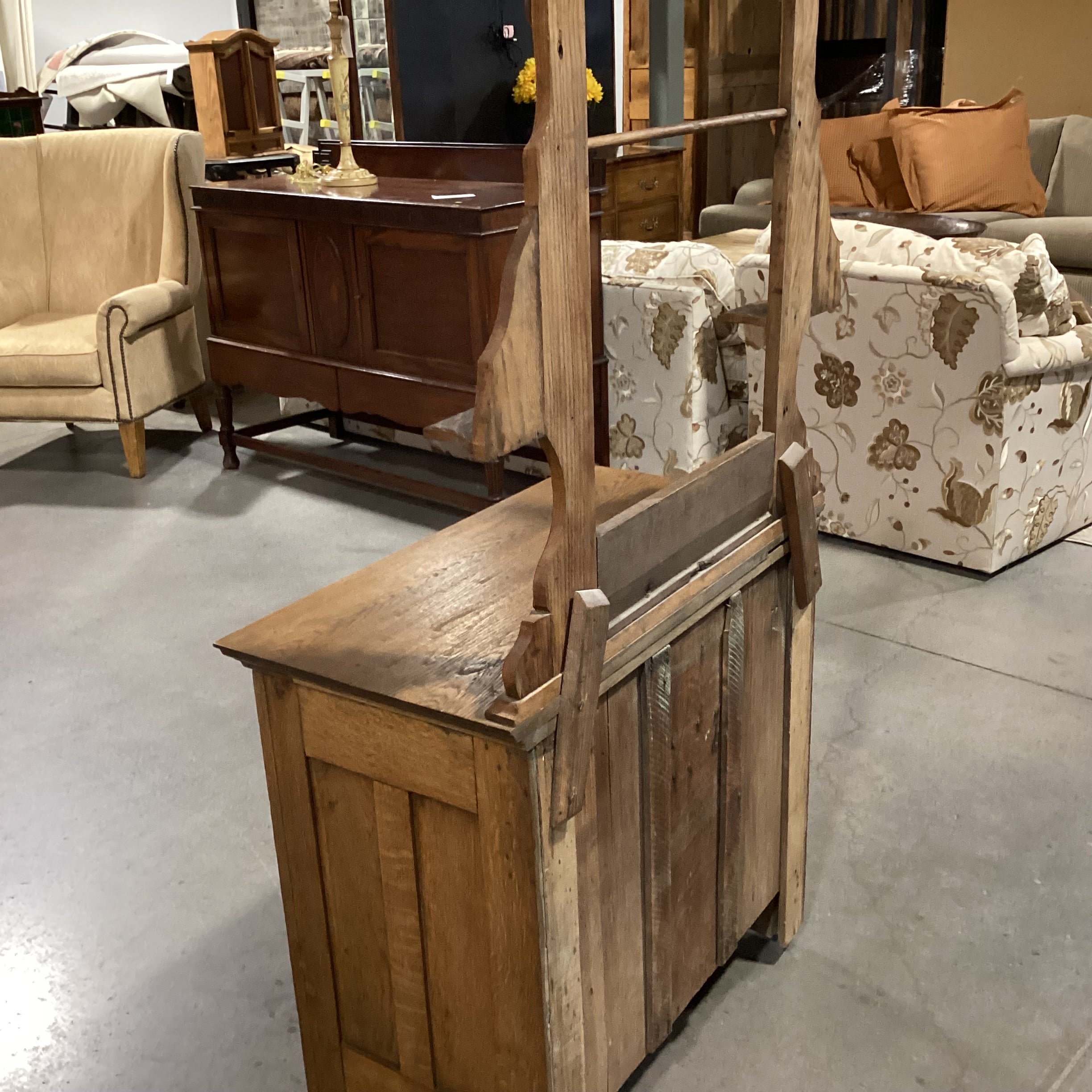 Antique Carved Oak 3 Drawer 1 Door with Towel Rack on Casters Dry Sink Chest 32"x 17"x 56.5"