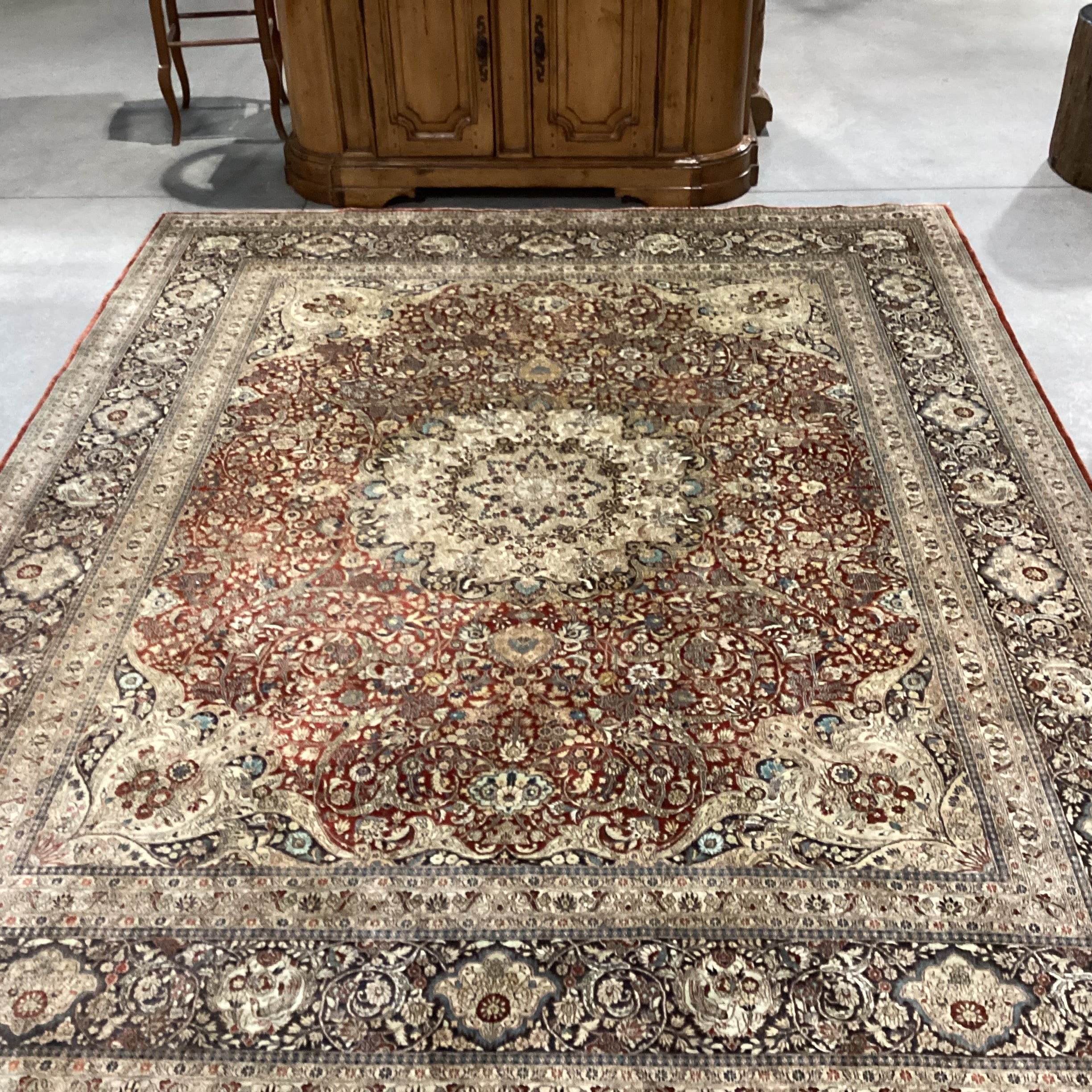 Persian Cream Rust Red Black & Blue Hand Woven Silk Rug 8'1"x 10'1"