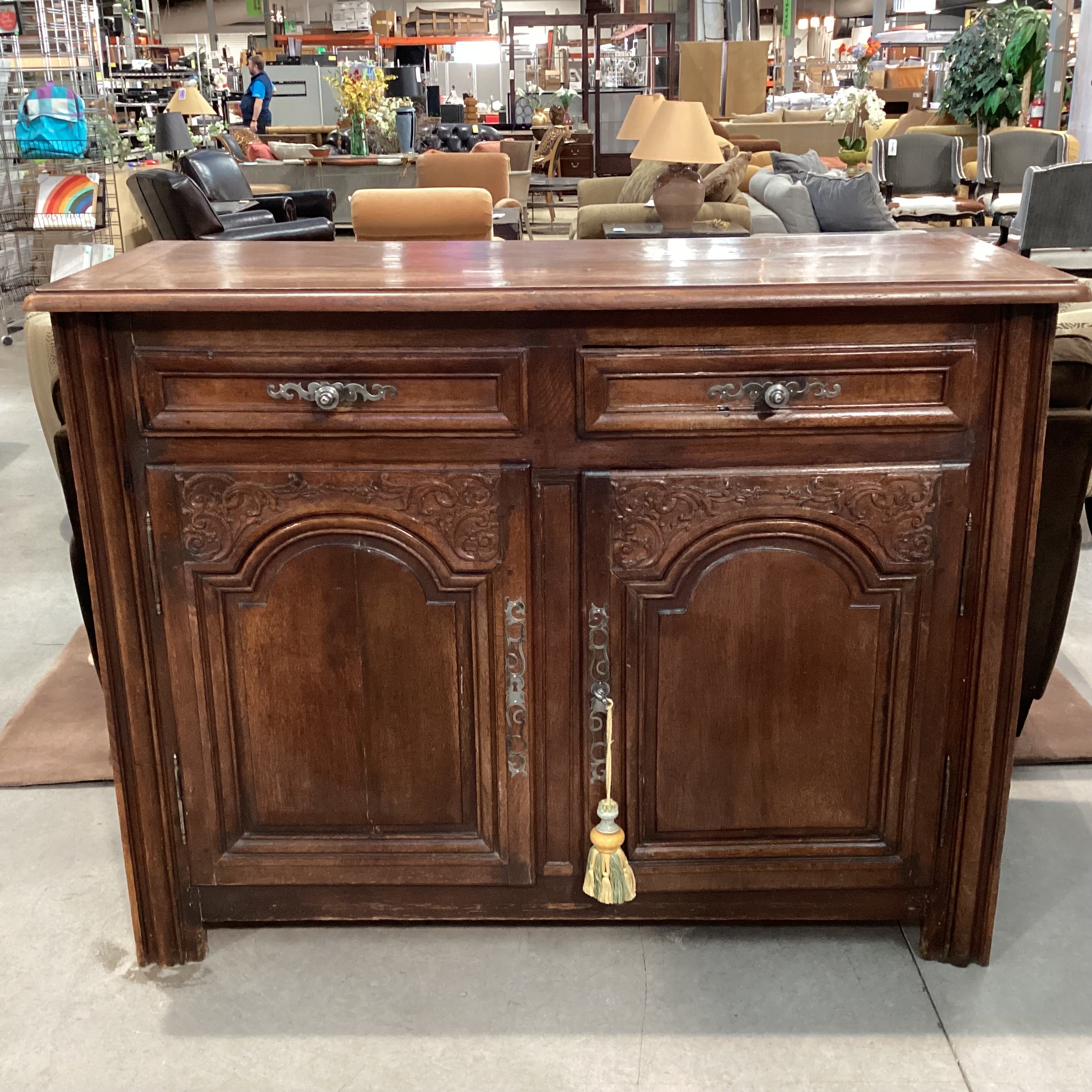 Antique Carved Wood 2 Drawer 2 Door with Shelves Sideboard 58.5"x 24"x 45"