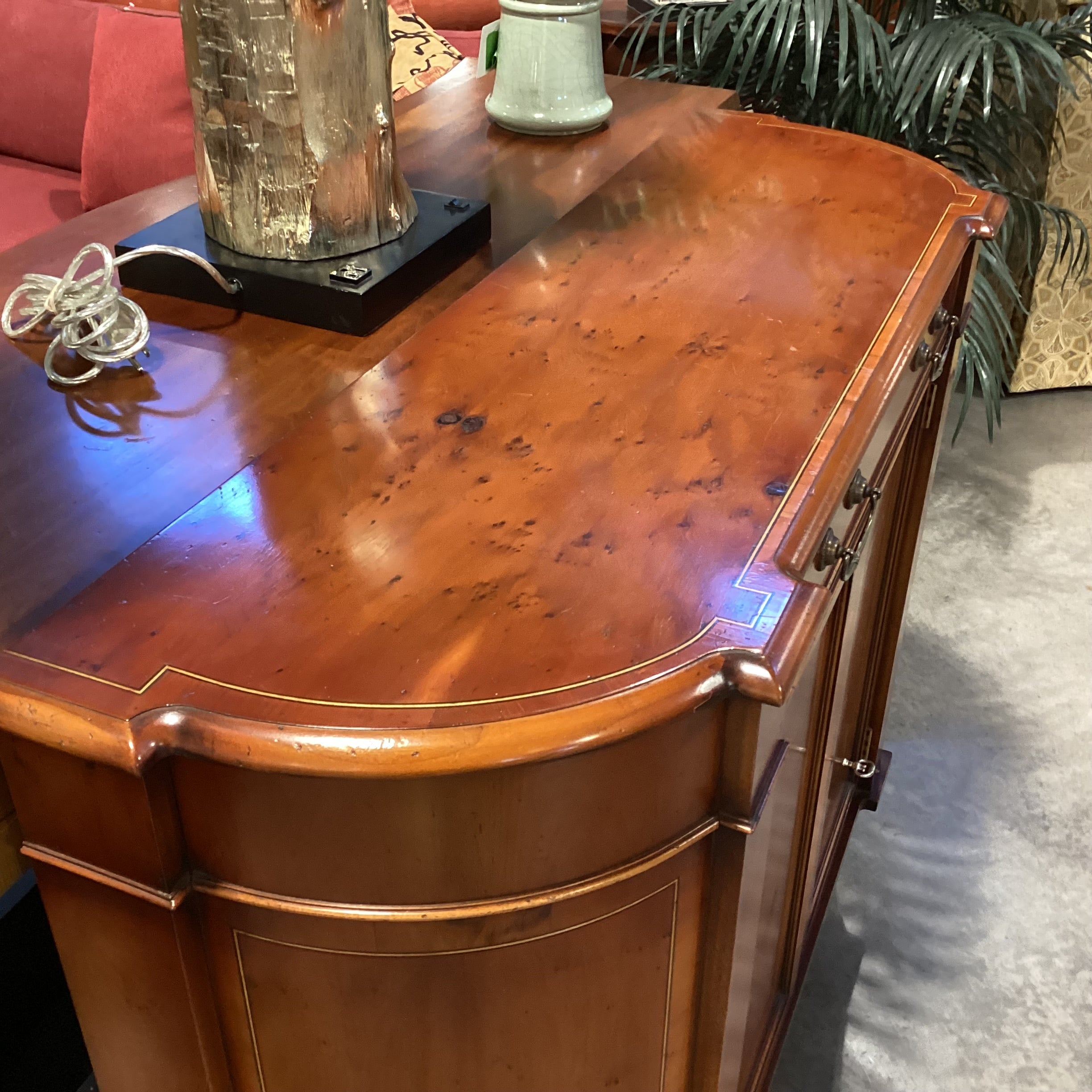 Antique Inspired Bow Front Burl or Birdseye Veneer & Decorative Inlay Lines 2 Door with Drawer Console 48"x 15.5"x 38.5"