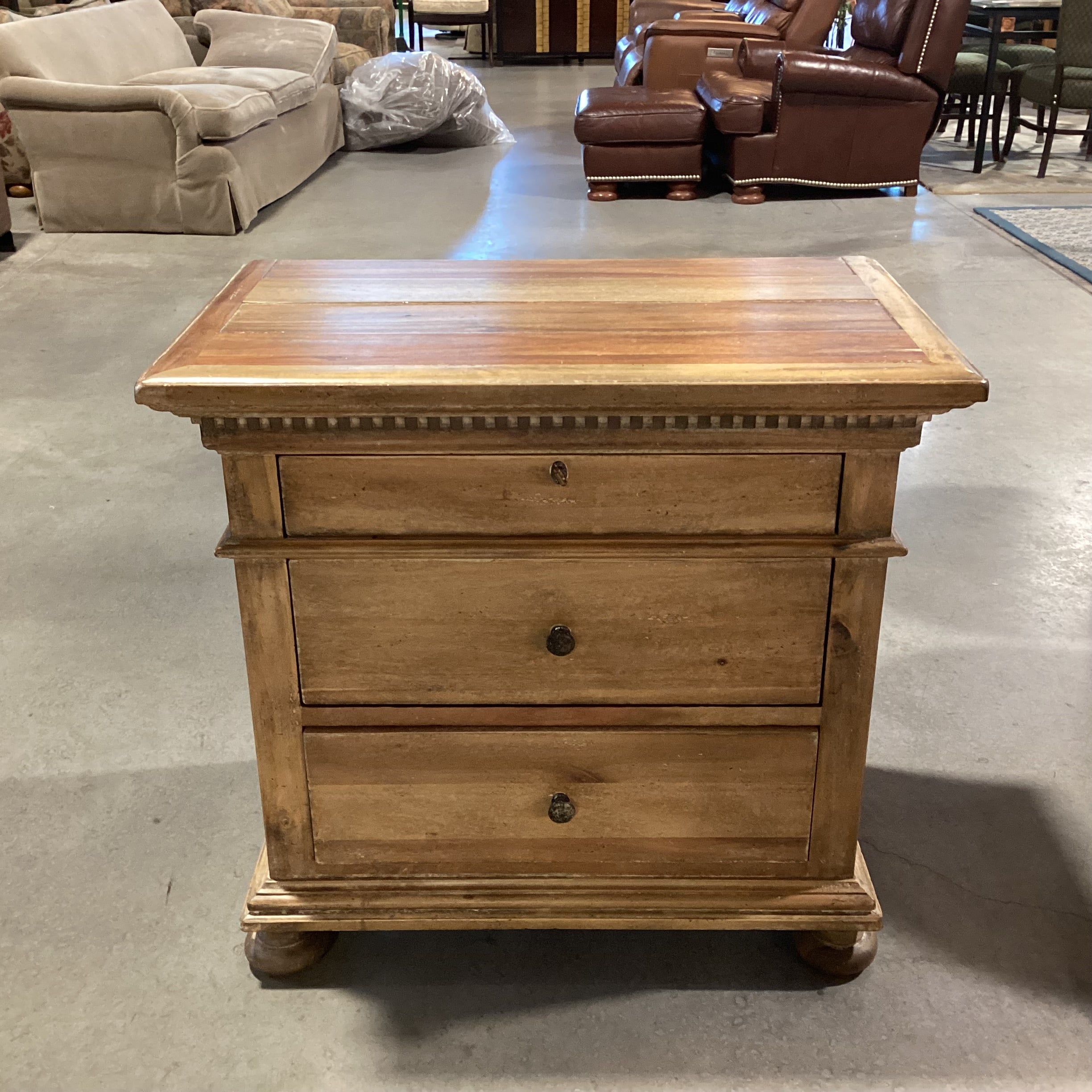 Restoration Hardware St James Natural Distressed Carved Wood 3 Drawer Night Stand 32"x 19.5"x 30"