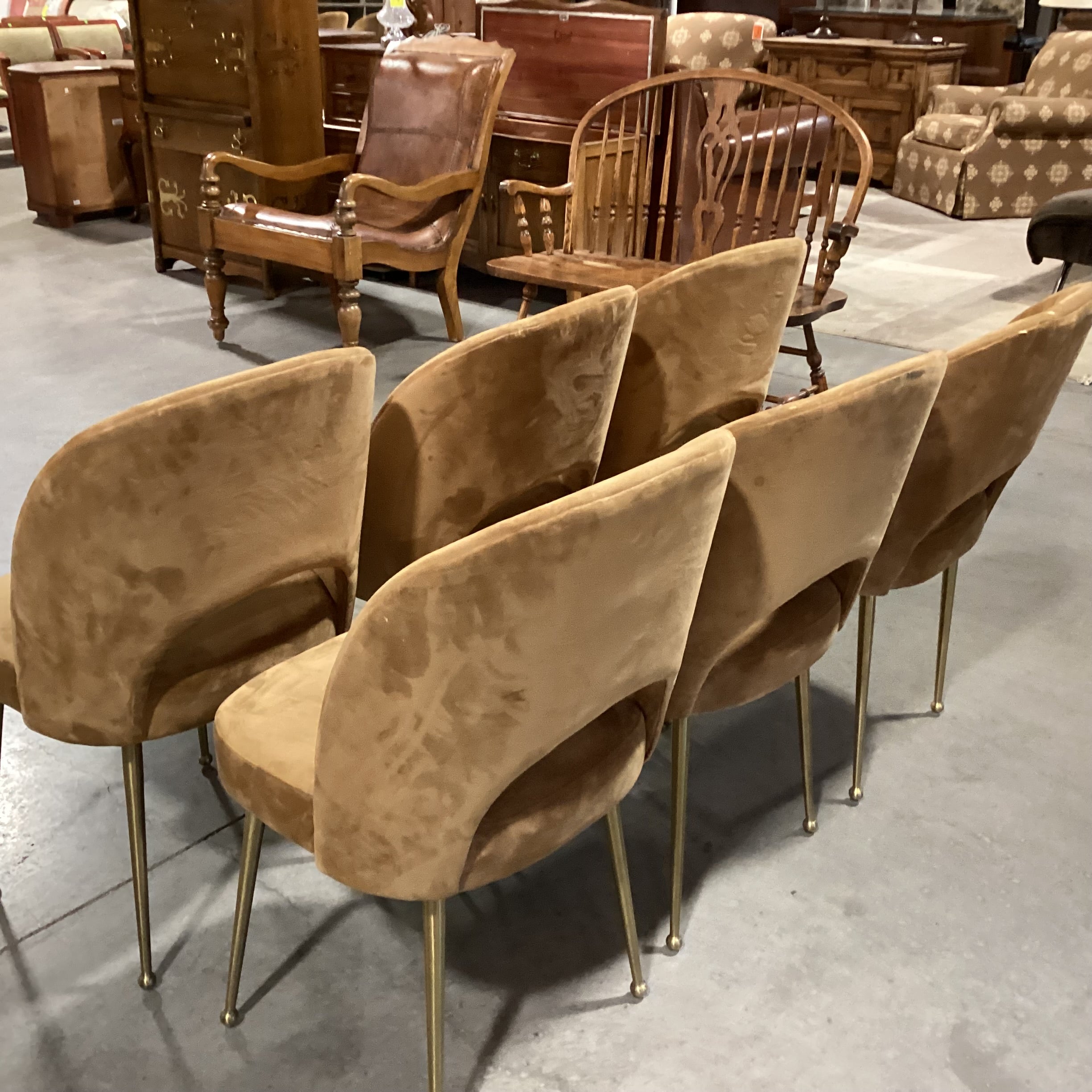 Set of 6 TOV Swell Performance Cognac Velvet & Gold Metal Dining Chairs 18.5"x 21"x 33.5"