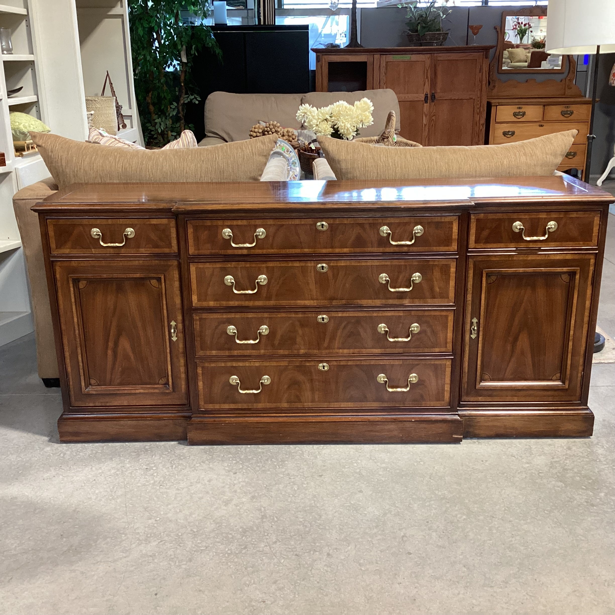 White Fine Furniture & Veneer with Finished Wood Brass Accents 6 Drawer 2 Door With Shelves Credenza 70.5"x 17.5"x 32.5"