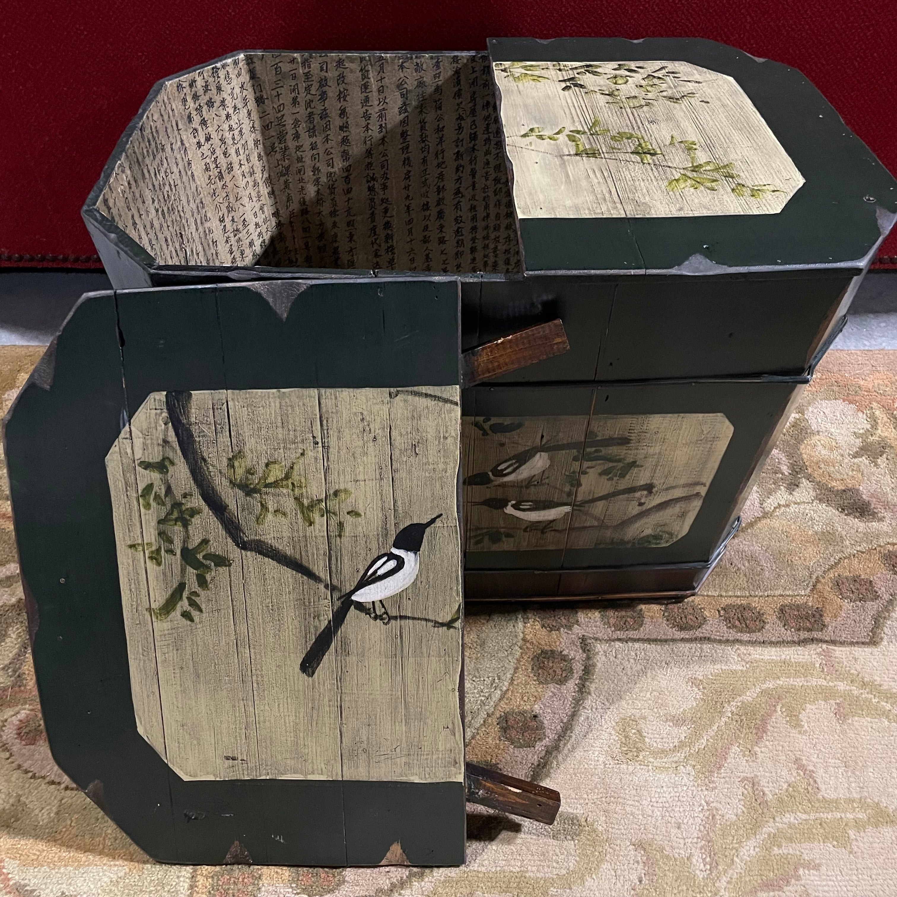 Vintage Asian Handpainted Birds Calligraphy Lined Wedding Trunk with Handles,"25 x 15" x 17.25"