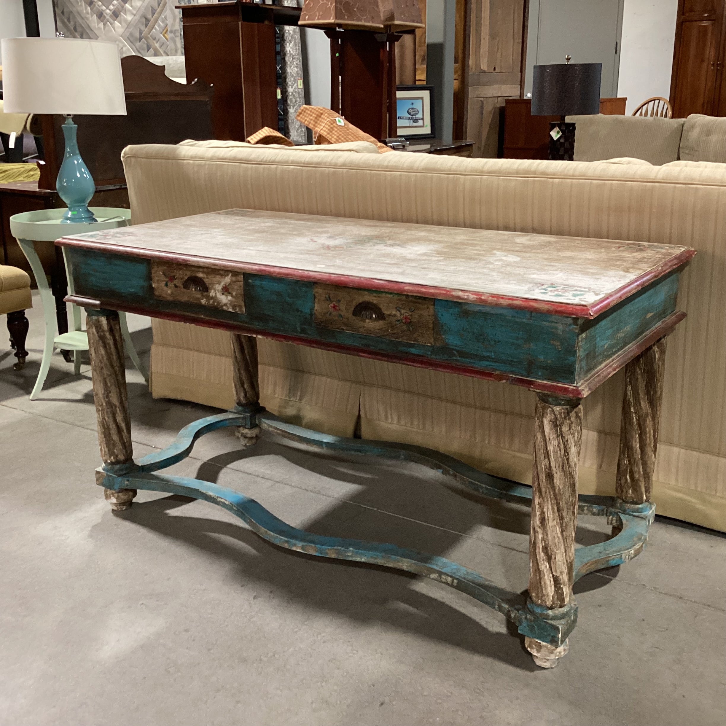 Antiqued Finish Hand Painted Blue & Red Floral Carved Wood 2 Drawer Accent Table 58.5"x 28.5"x 32"