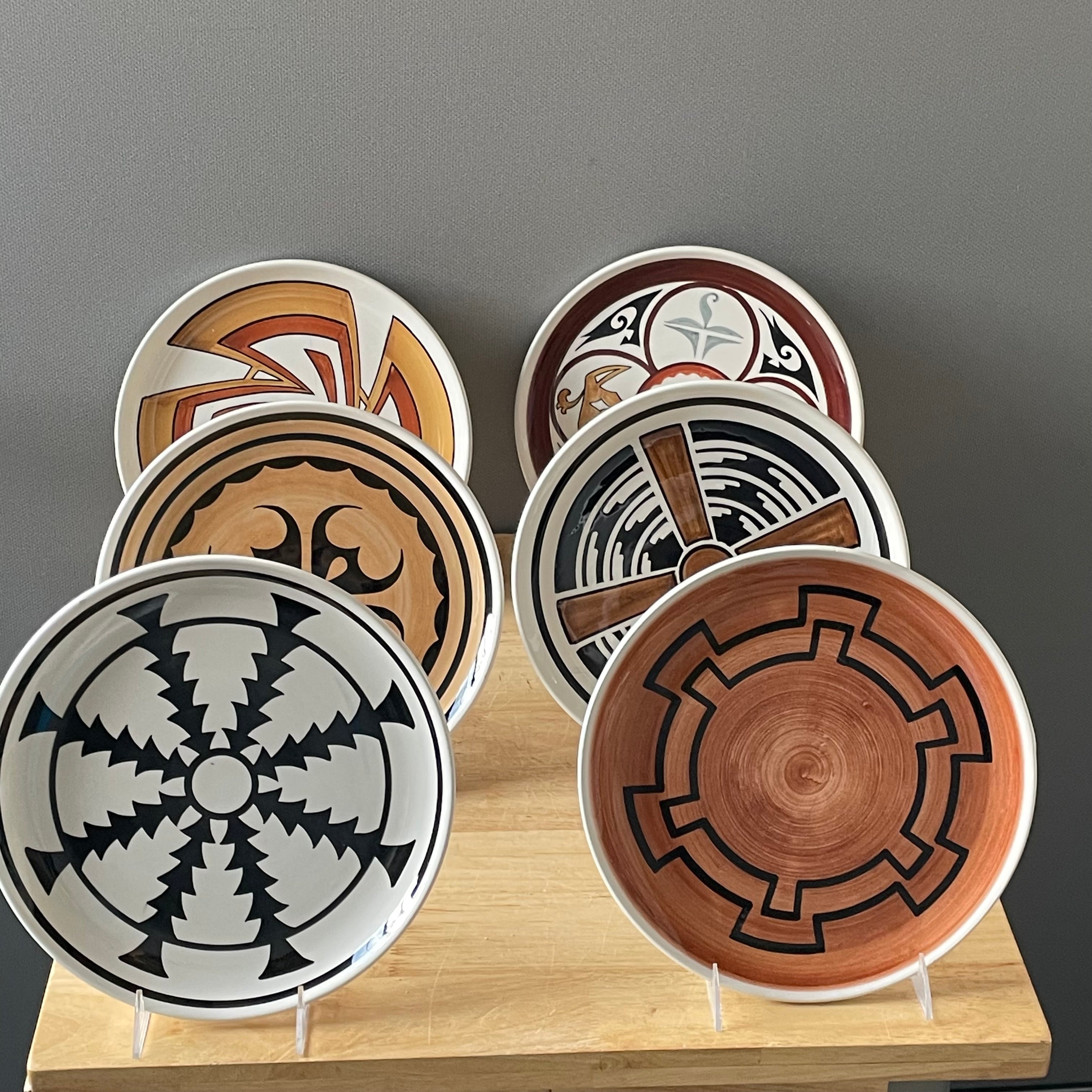 Set of 6 MCM Handcrafted Ceramic American Indian Design Decorative Plates by Ronal Schwarz for Gumps, San Francisco