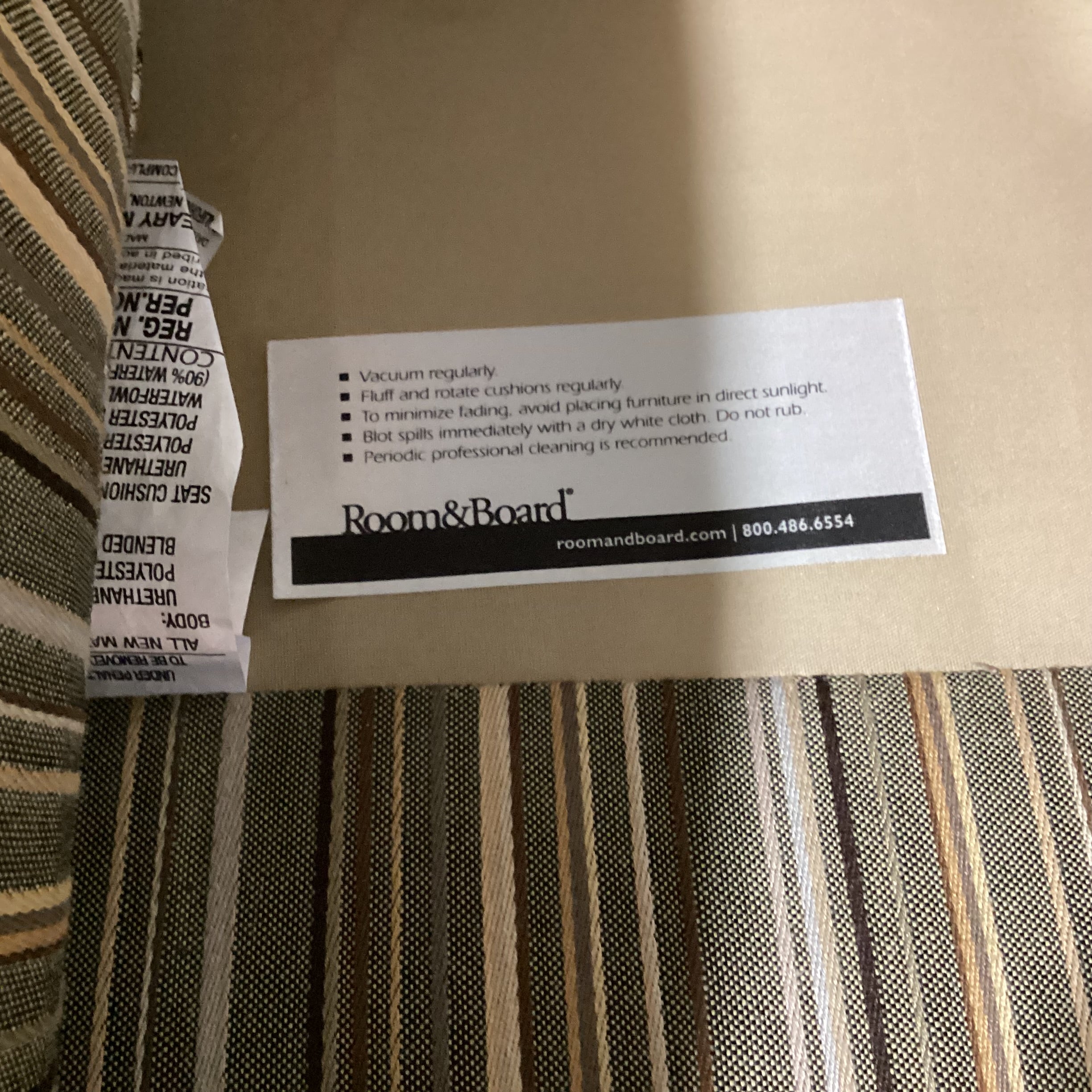 Room & Board Green Gold Brown Stripe with Slope Arm Loveseat Sofa 60"x 36"x 31"