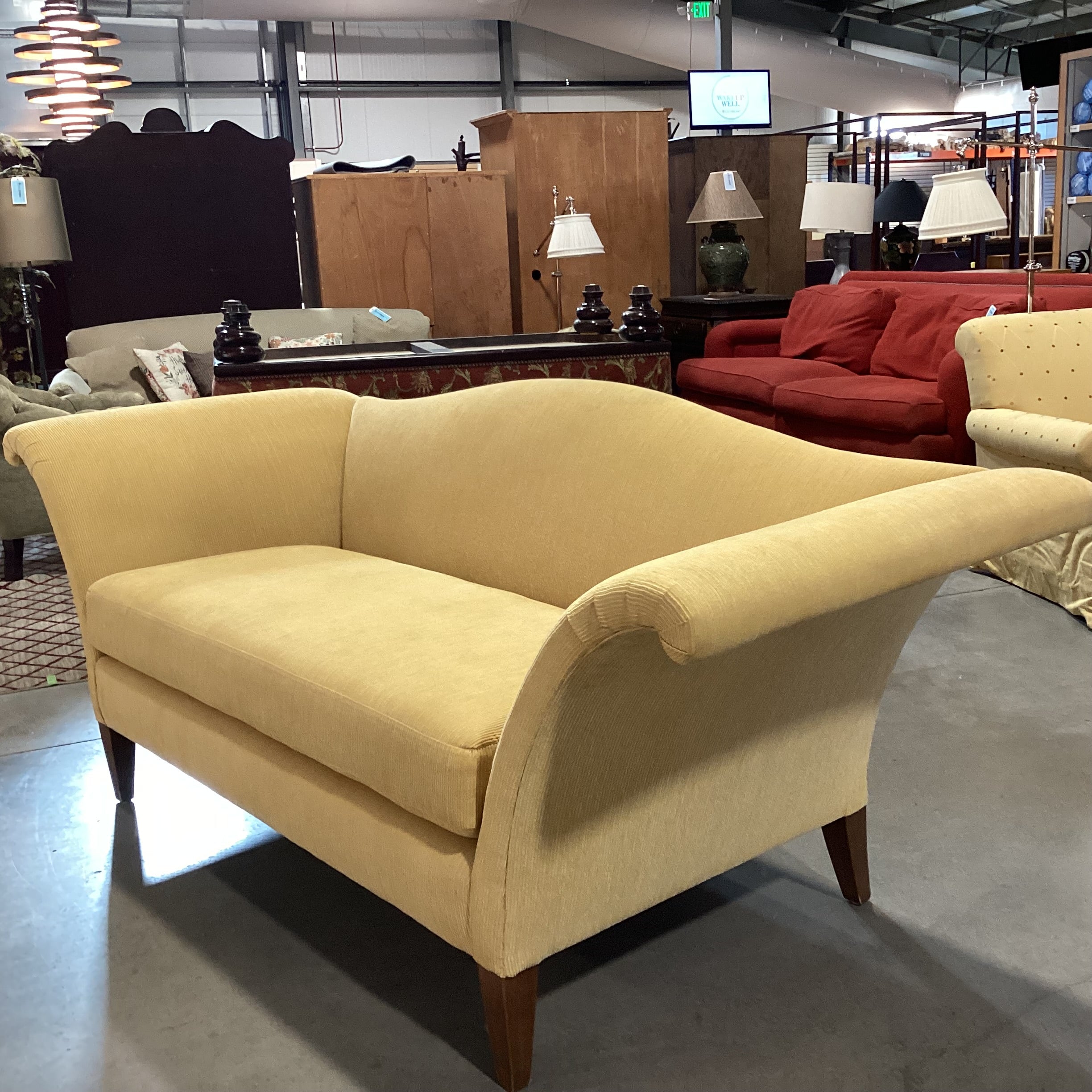 Initials Furniture Golden Yellow Ribbed Upholstery Curve Roll Arm & Arch Back Sofa 90"x 36"x 36.5"