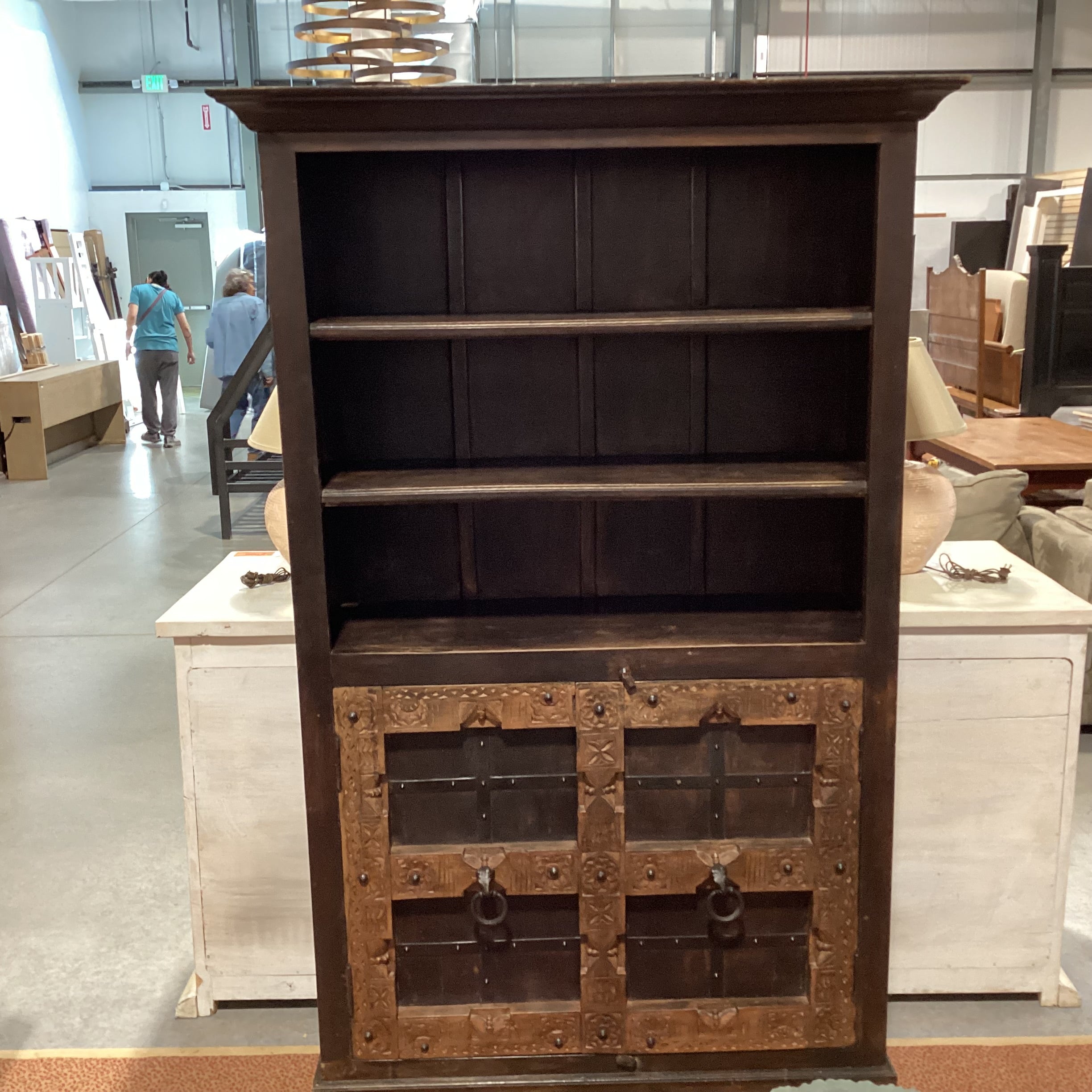 Solid Rustic 2 Tone Carved Wood with Iron Accent & Shelves Hutch 49"x 18"x 78.5"