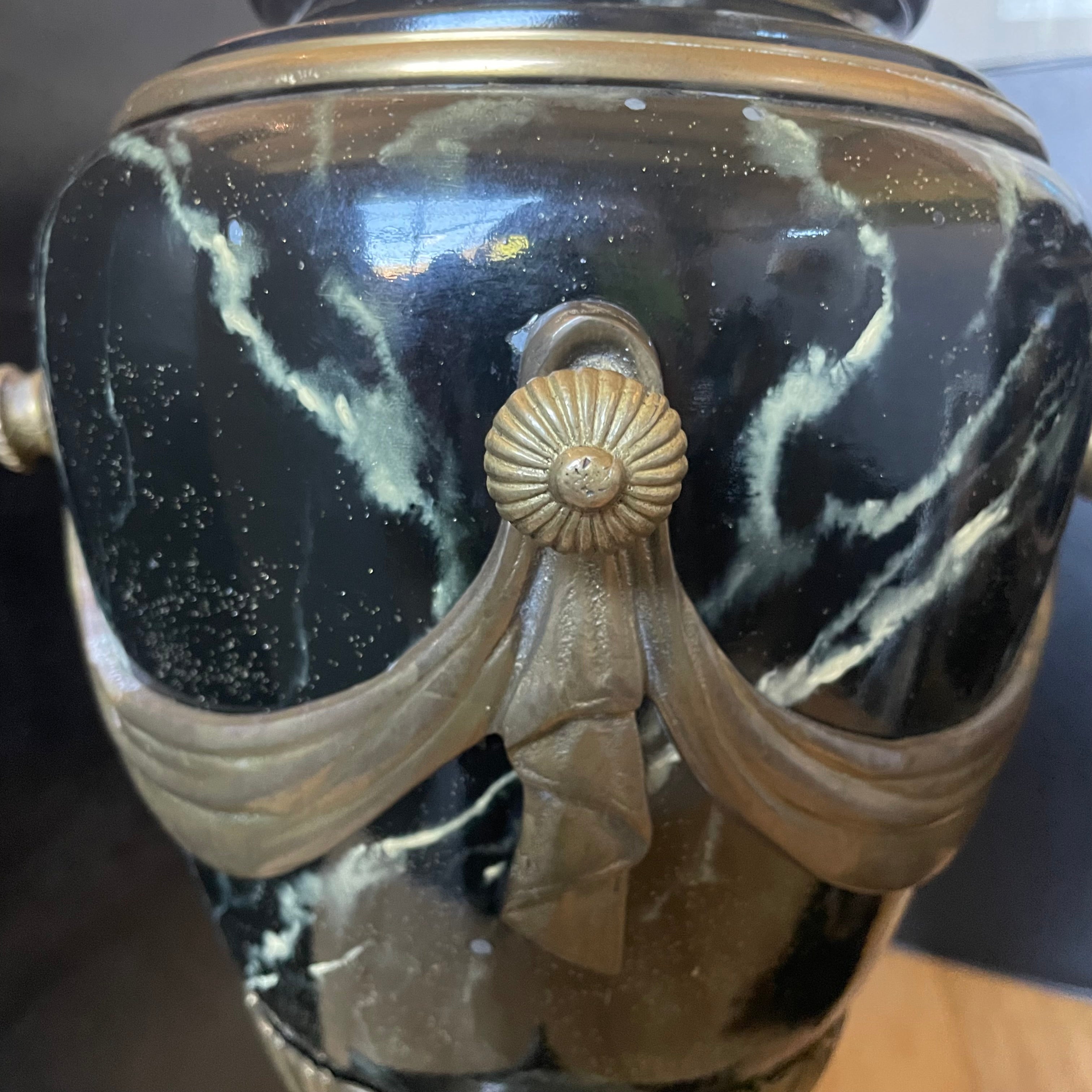 19th Century French Louis VXI Style Vert de Patricia/Blue-Veined Marble, Bronze, Ormolu Urns, Pair