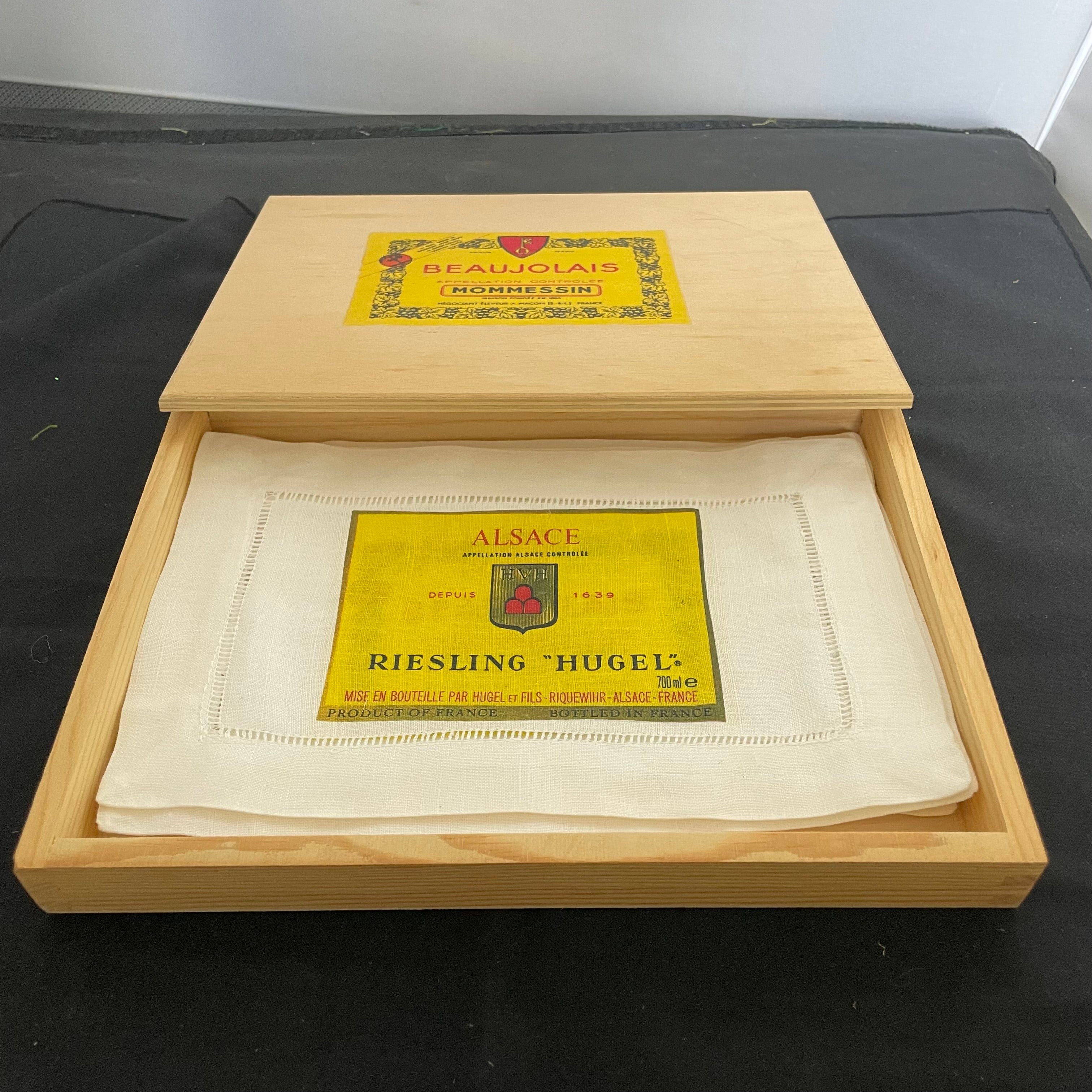 Set of 6 Linen Wine Lable Coasters/Mats in Wood Hinged Gift Box, 9.25"x7.25"x1.5"