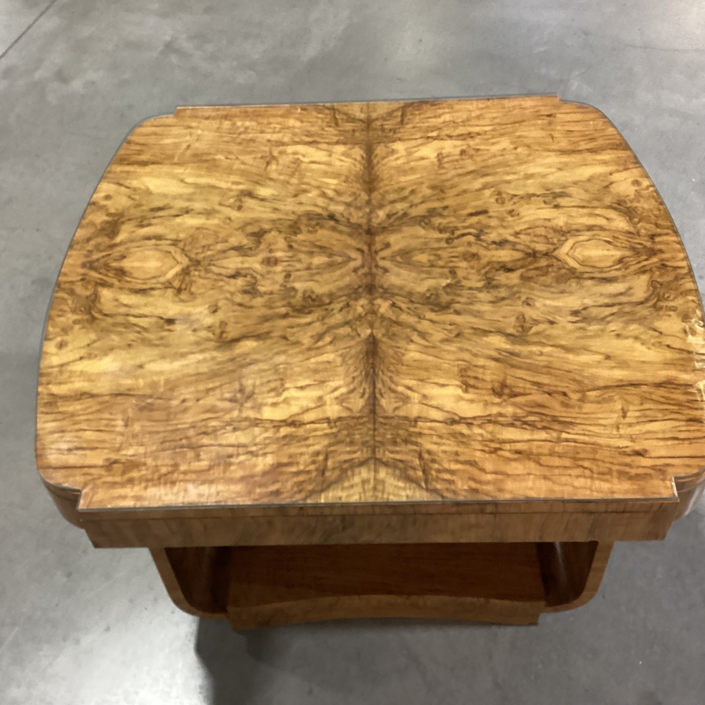 Vintage Art Deco Style Burl Maple Book Matched with Glass Top Accent Table 36"x 33"x 29.5"