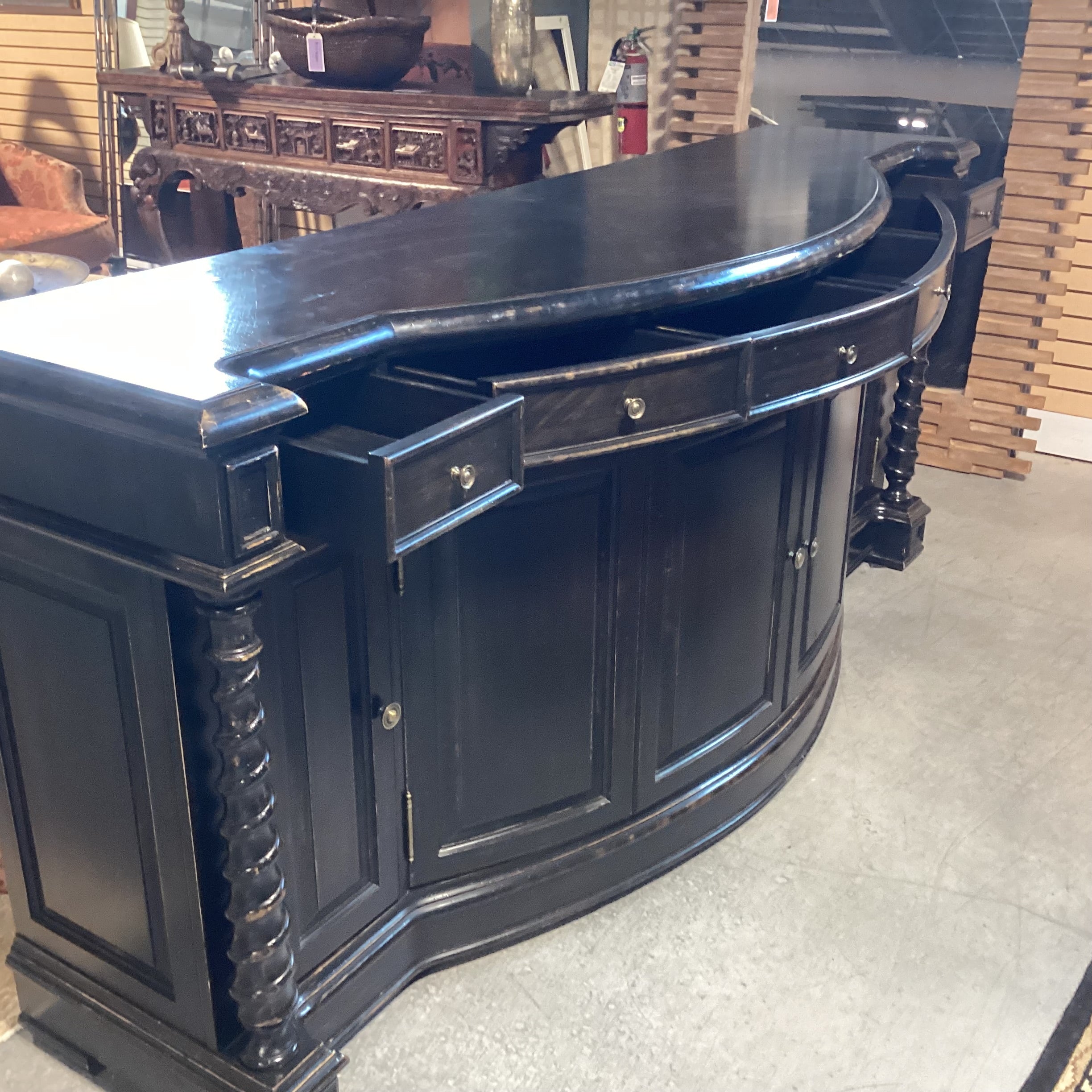 Antiqued Black Distressed Carved Wood 4 Door 6 Drawer Sideboard 96.5"x 27.5"x 42.5"