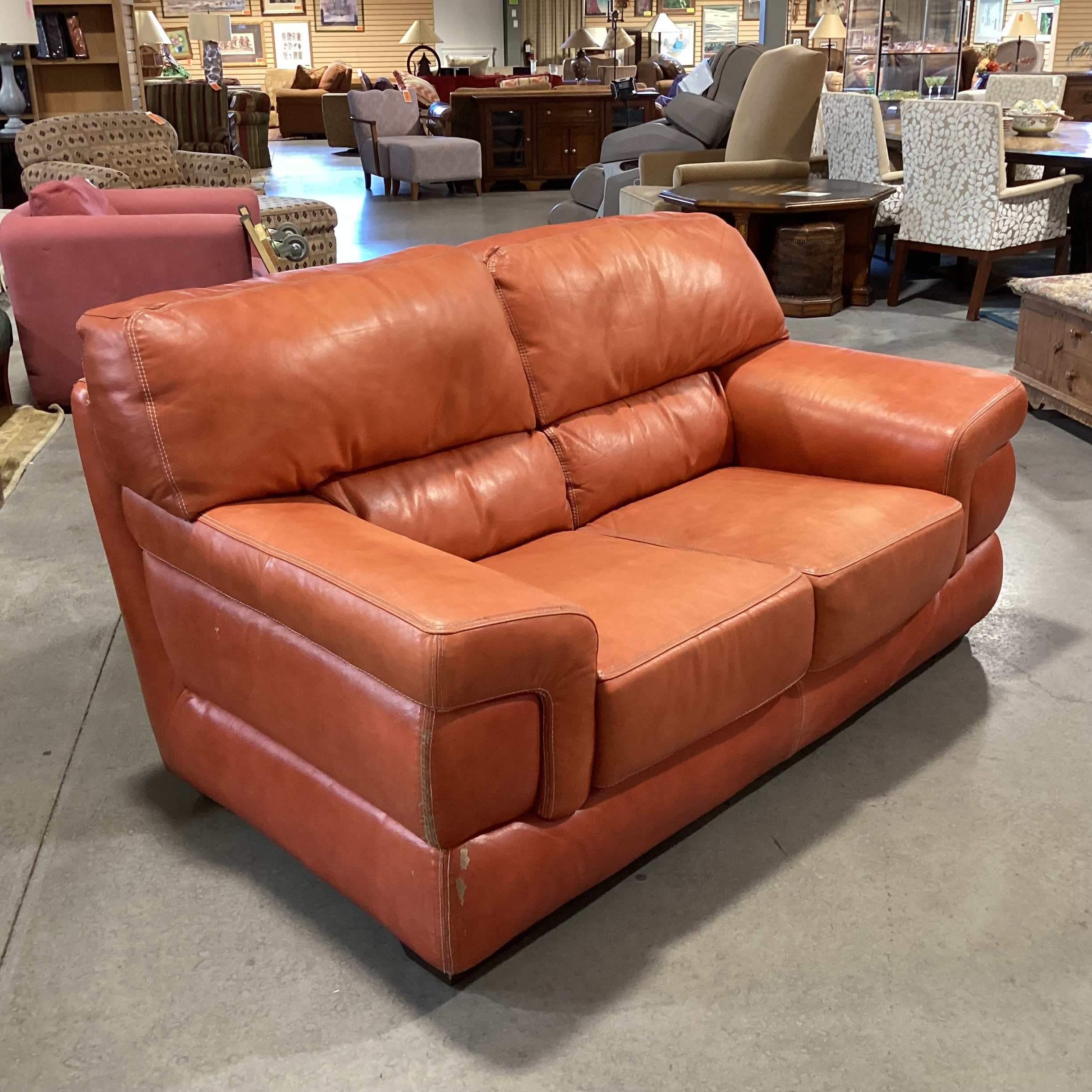 Burnt Orange Leather Loveseat Sofa 68"x 39"x 36"