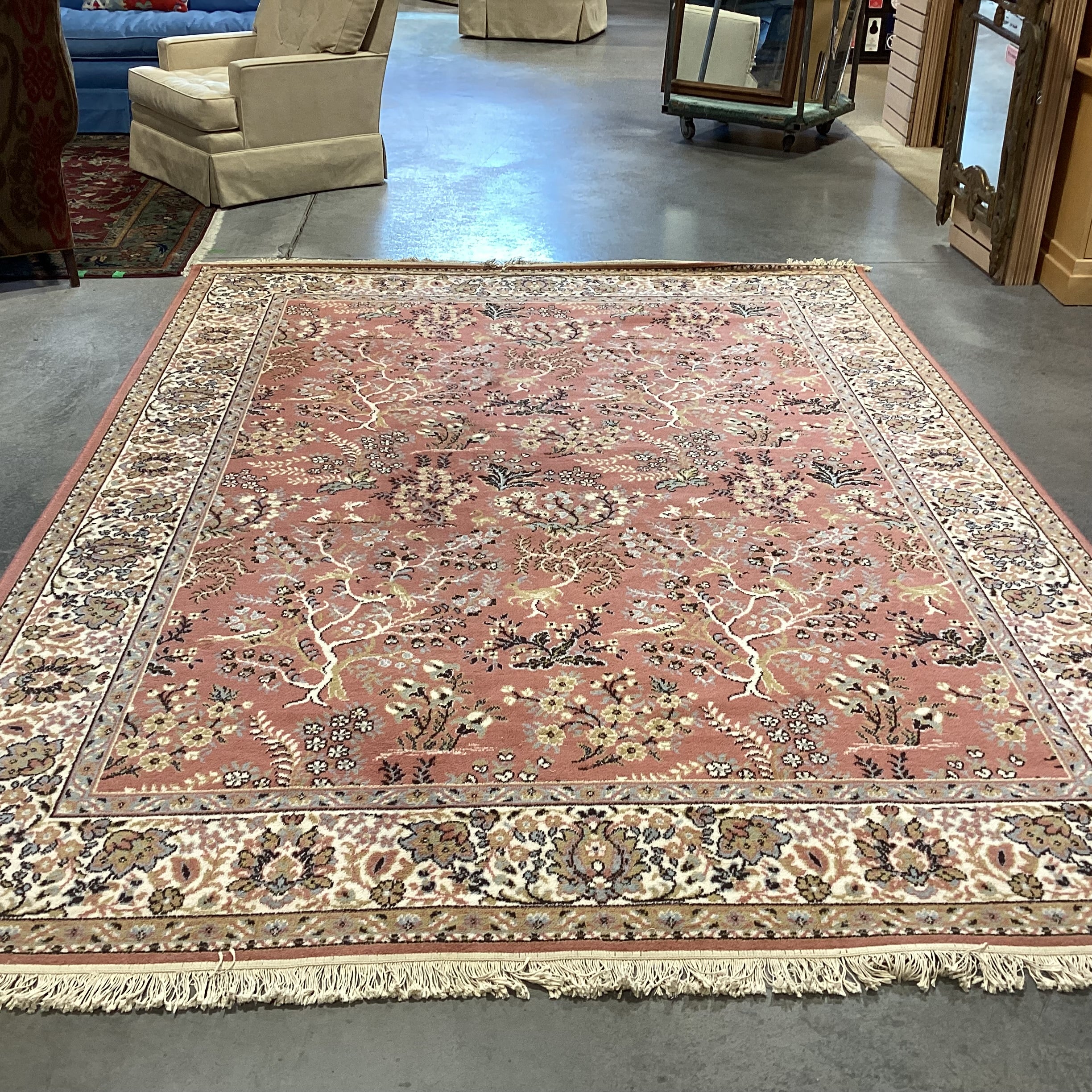 Galaxy Made in Belgium Vintage Salmon Blue Grey & Gold Leaf Floral Pure Virgin Wool Pile Rug 7'11"x 11'4"