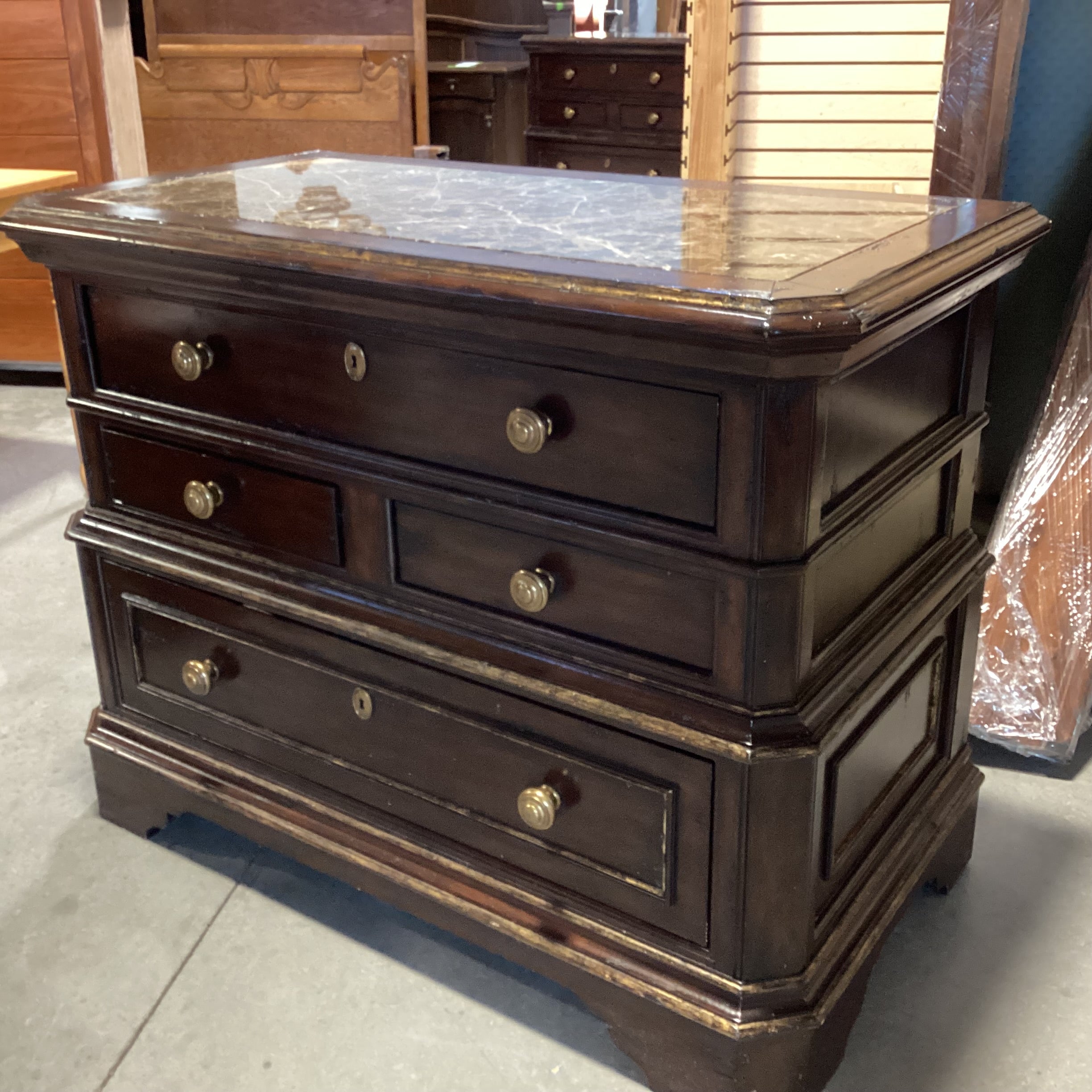 Marge Carson Antiqued Black with Gold Detail Solid Wood Marble Inset 4 Drawer with Brass Chest 46"x 24"x 35.5"