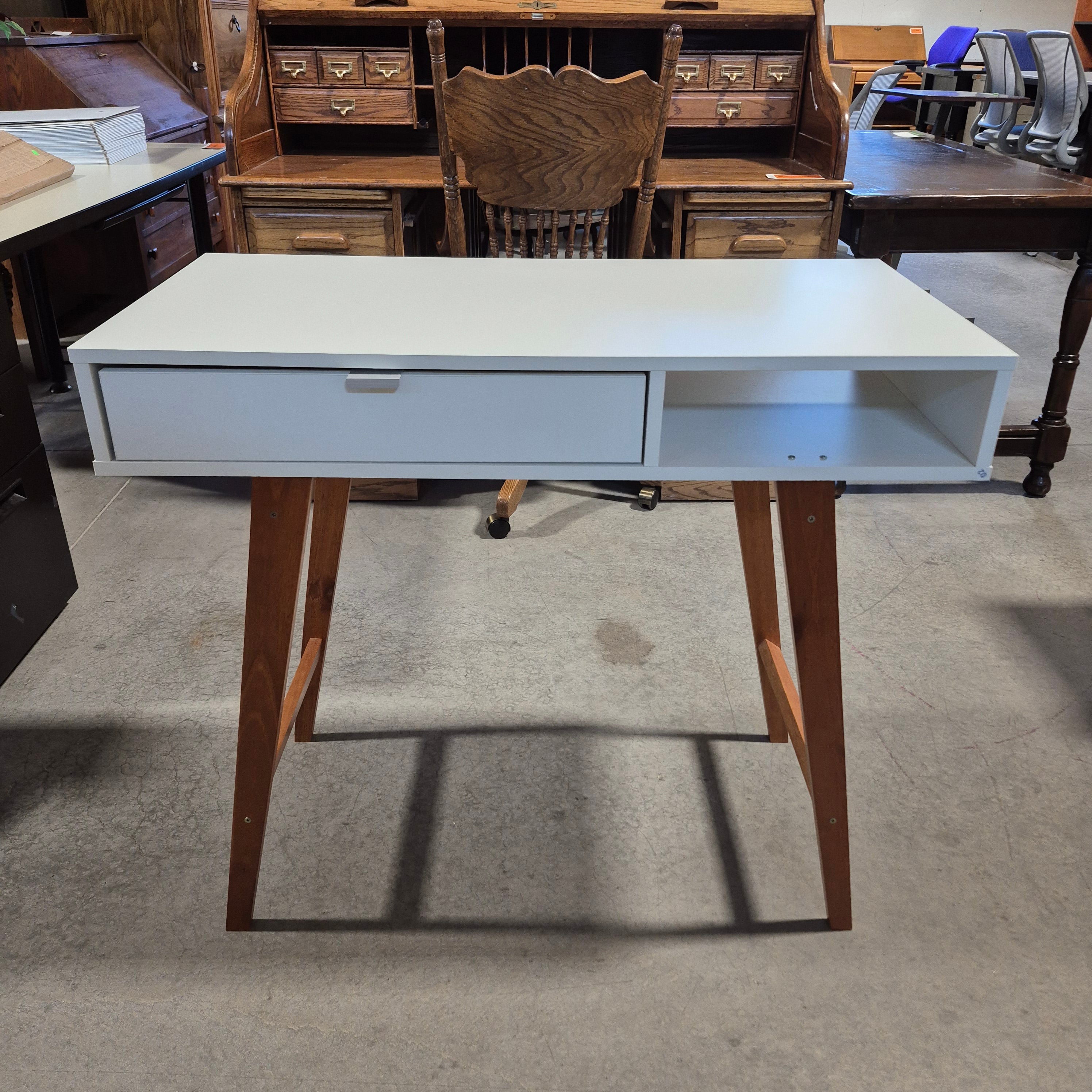 White Top & Medium Wood Finish Legs 1 Drawer Desk 35.5"x 17.5"x 31"