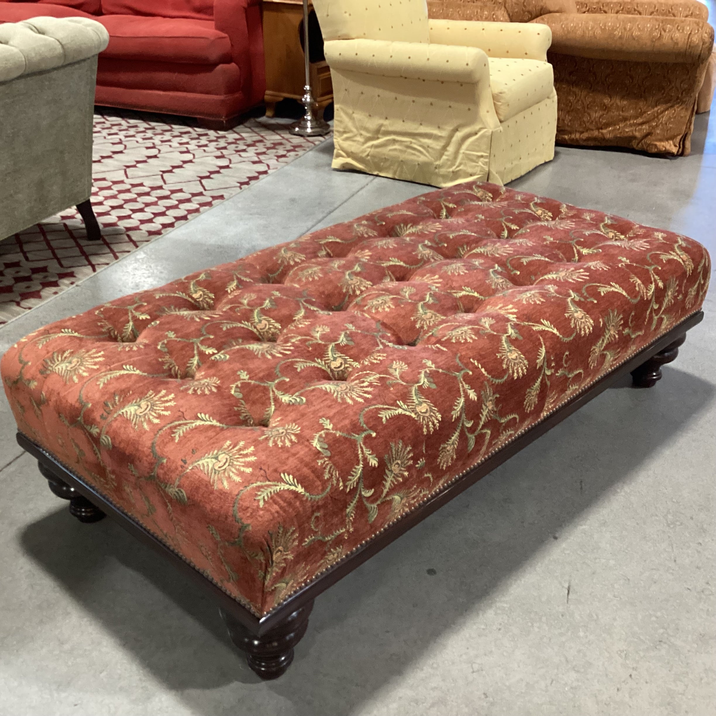 JJ Custom Rust with Gold Floral Woven Tufted Nailhead & Carved Wood Bench Ottoman 61"x 31"x 17.5"