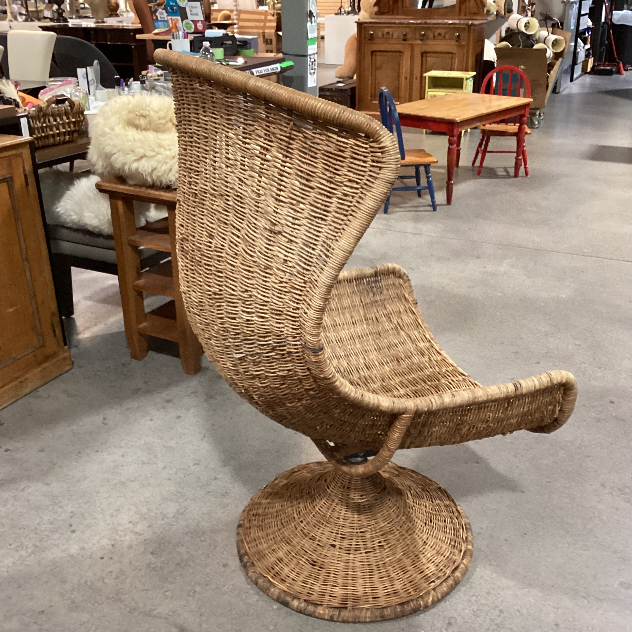Vintage Wicker Swivel Rock with Sheepskin Chair 30"x 30"x 48"