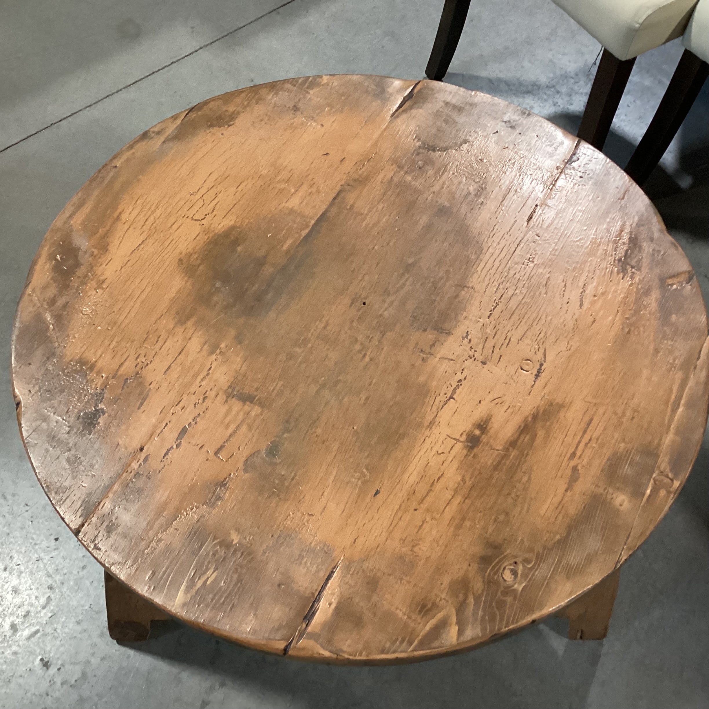 Distressed Antiqued Finish Round Tri-Leg with Shelf End Table 29.5" Diameter x 22.5"