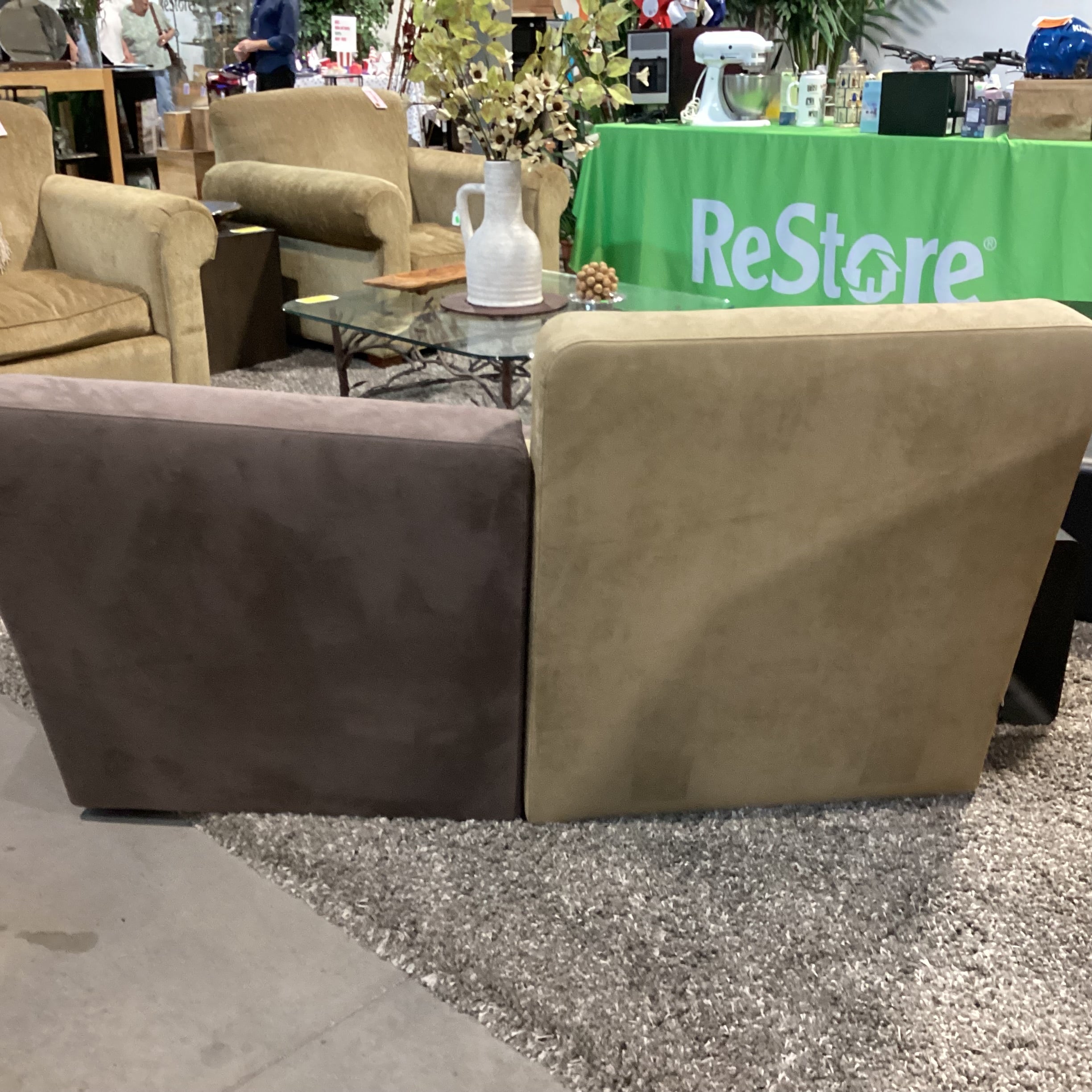Liqne Roset Confluences by Philippe Nigro Brown & Tan Ultra Suede with 2 Black Iron Side Tables Modular Sectional 59"x 55"x 33"