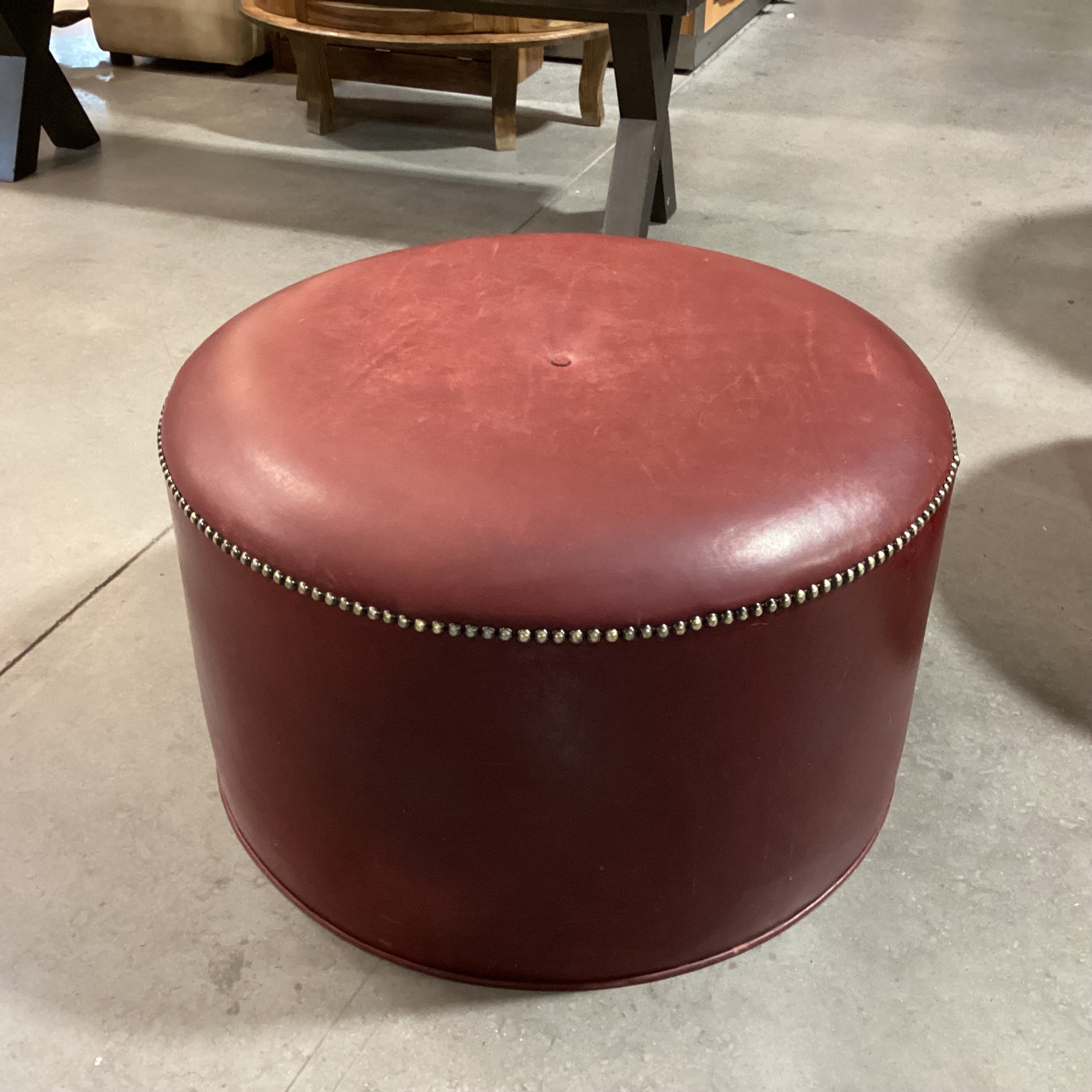 Stewart Furniture Design Red Tone Leather Nailhead Round Ottoman 27" Diameter x 16"