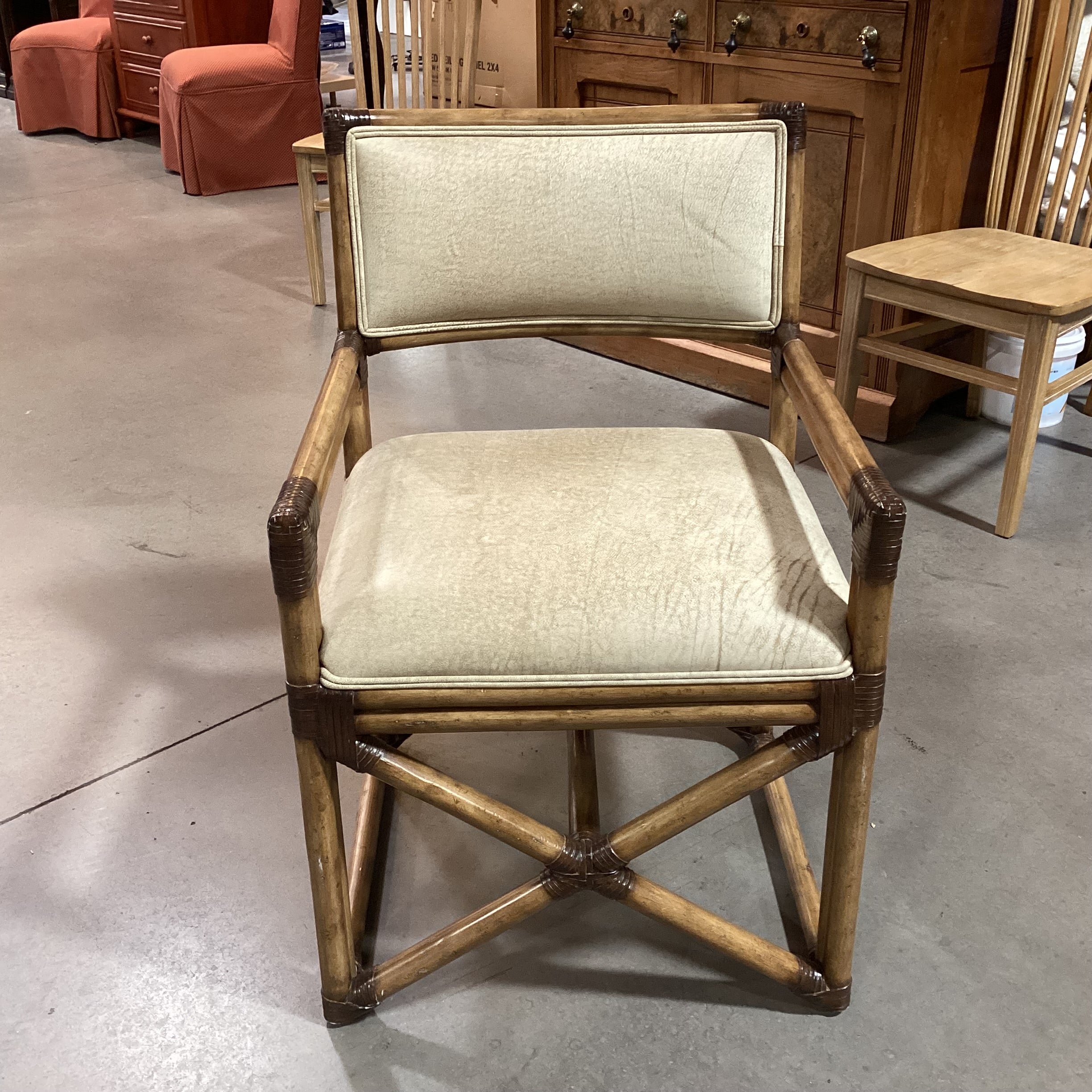 Vintage Bamboo Leather Strap Wrapped & Texture Tan Leather Accent Chair 24"x 24"x 35"