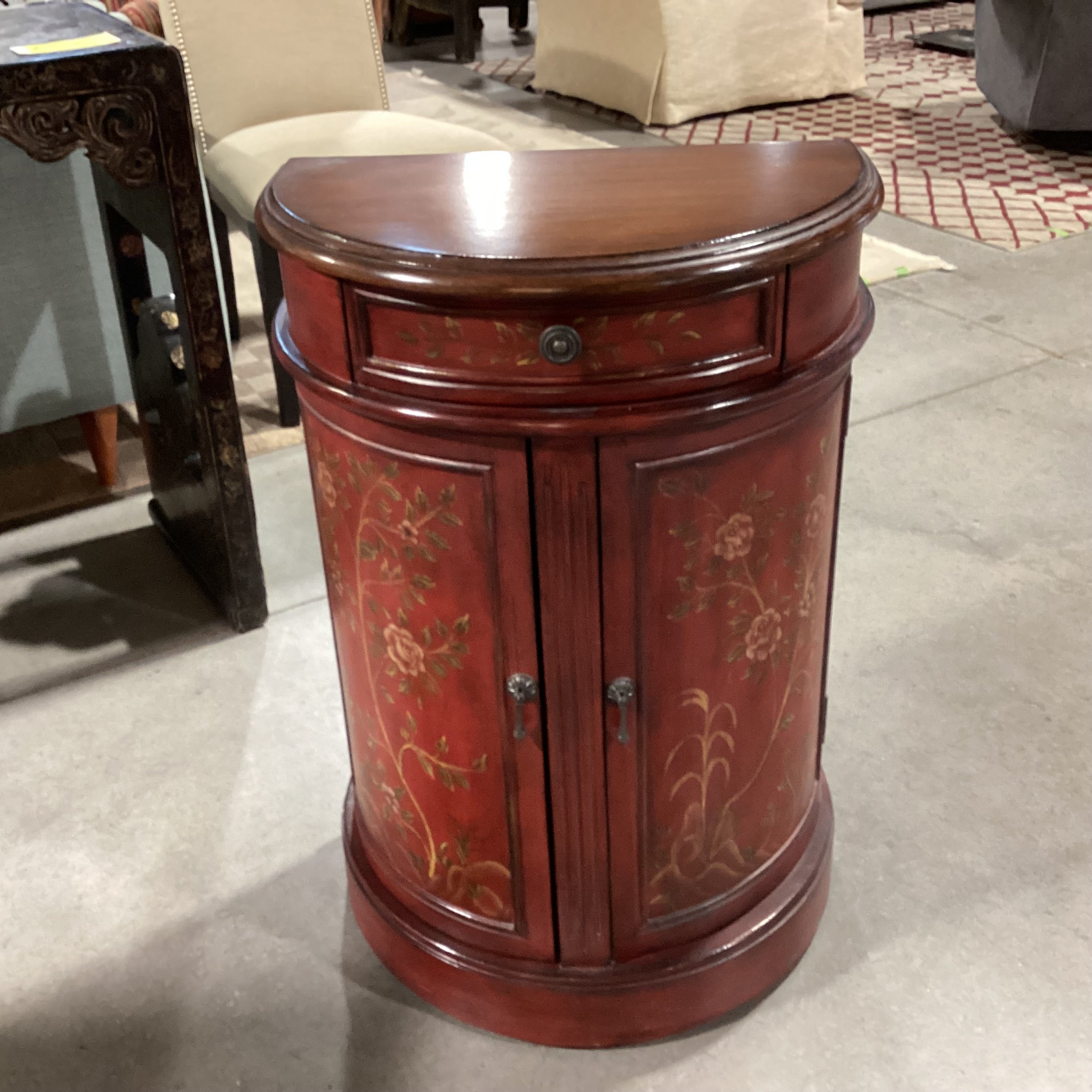 Antiqued Red Painted Floral 1 Drawer 2 Door Demilune Cabinet End Table 22"x 13"x 32.5"