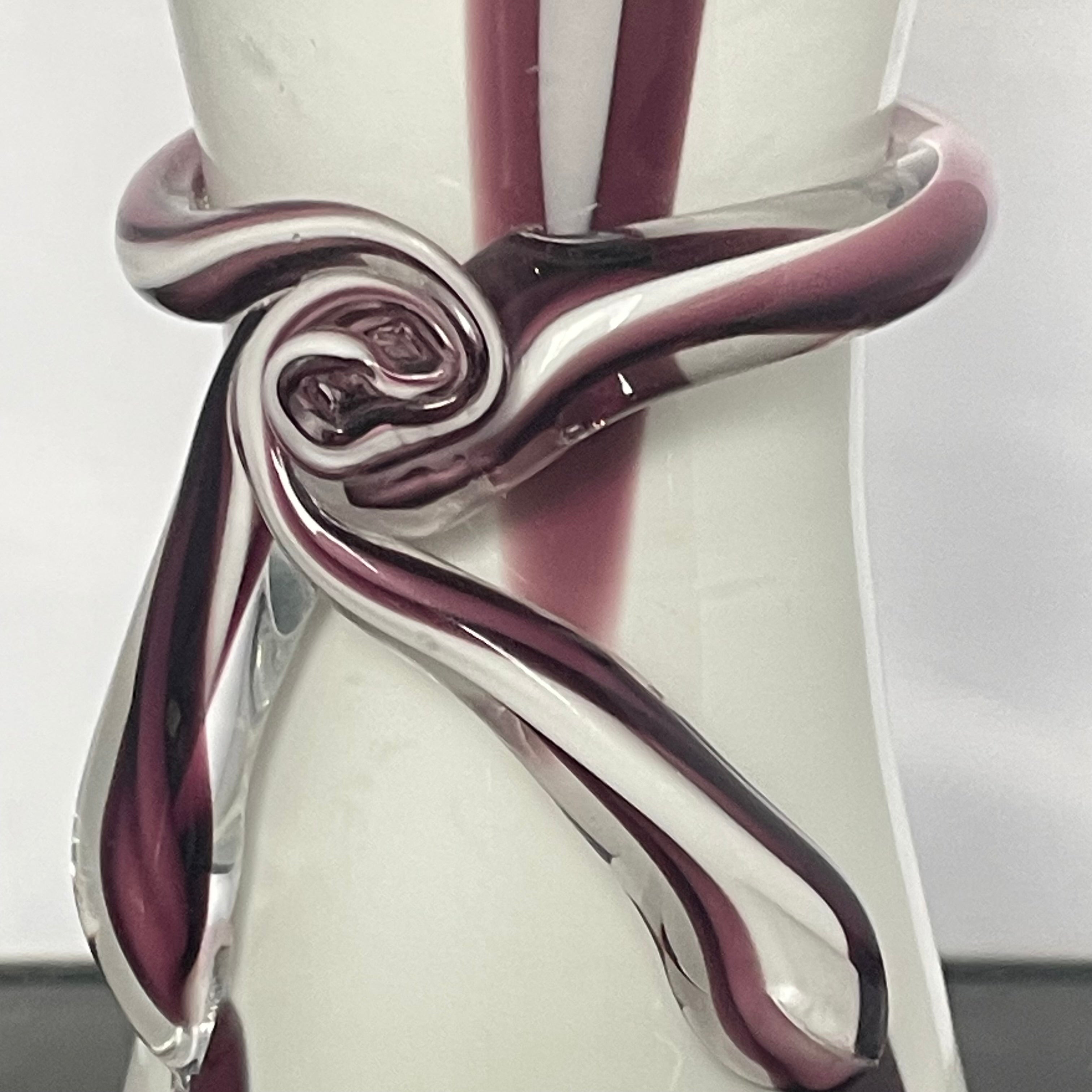 Murano Style Hand Blown White/Purple Bow Vase, 5"x 13"