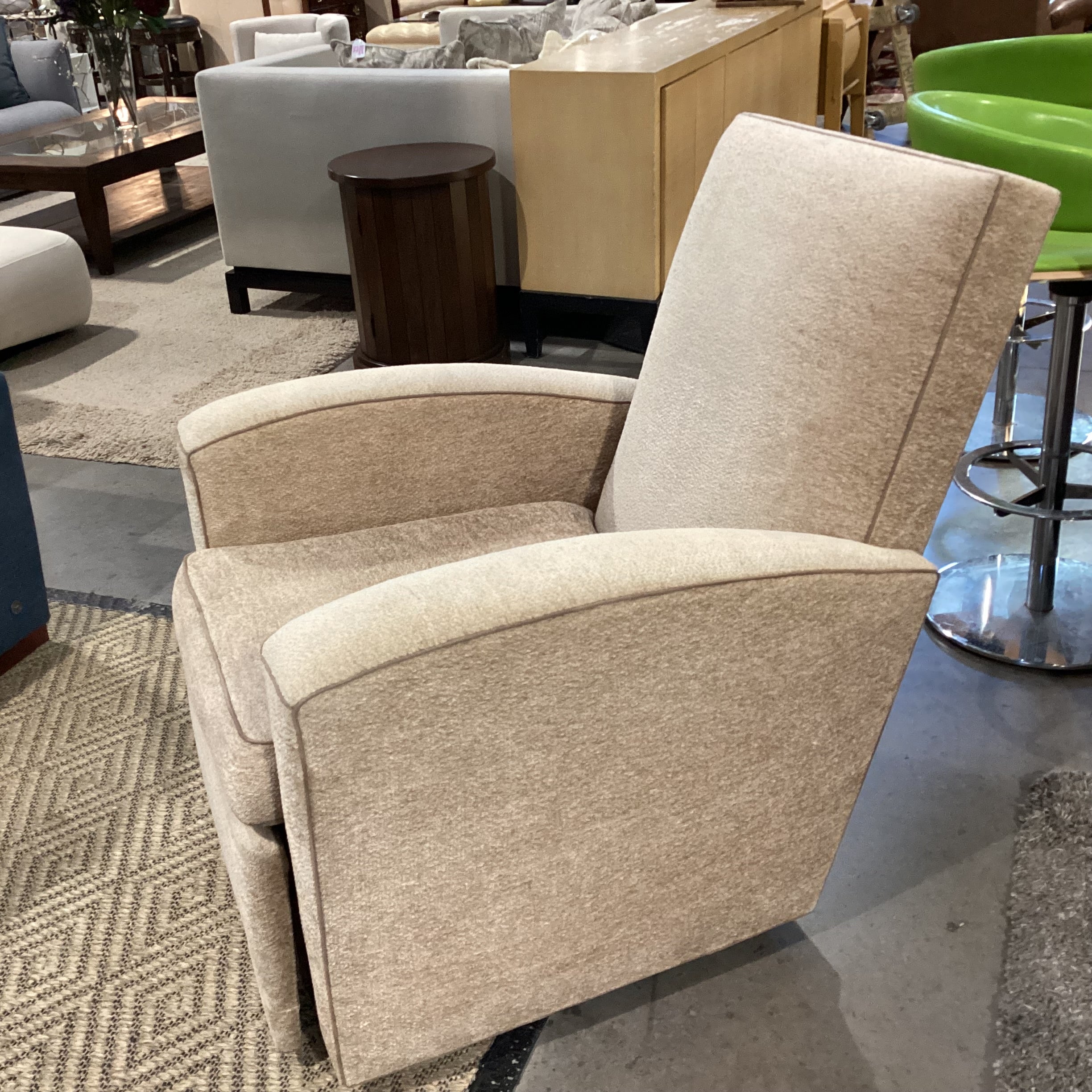 Beige Texture Woven Chenille with Taupe Piping Swivel Recliner Chair 35"x 40" to 66"x 41"