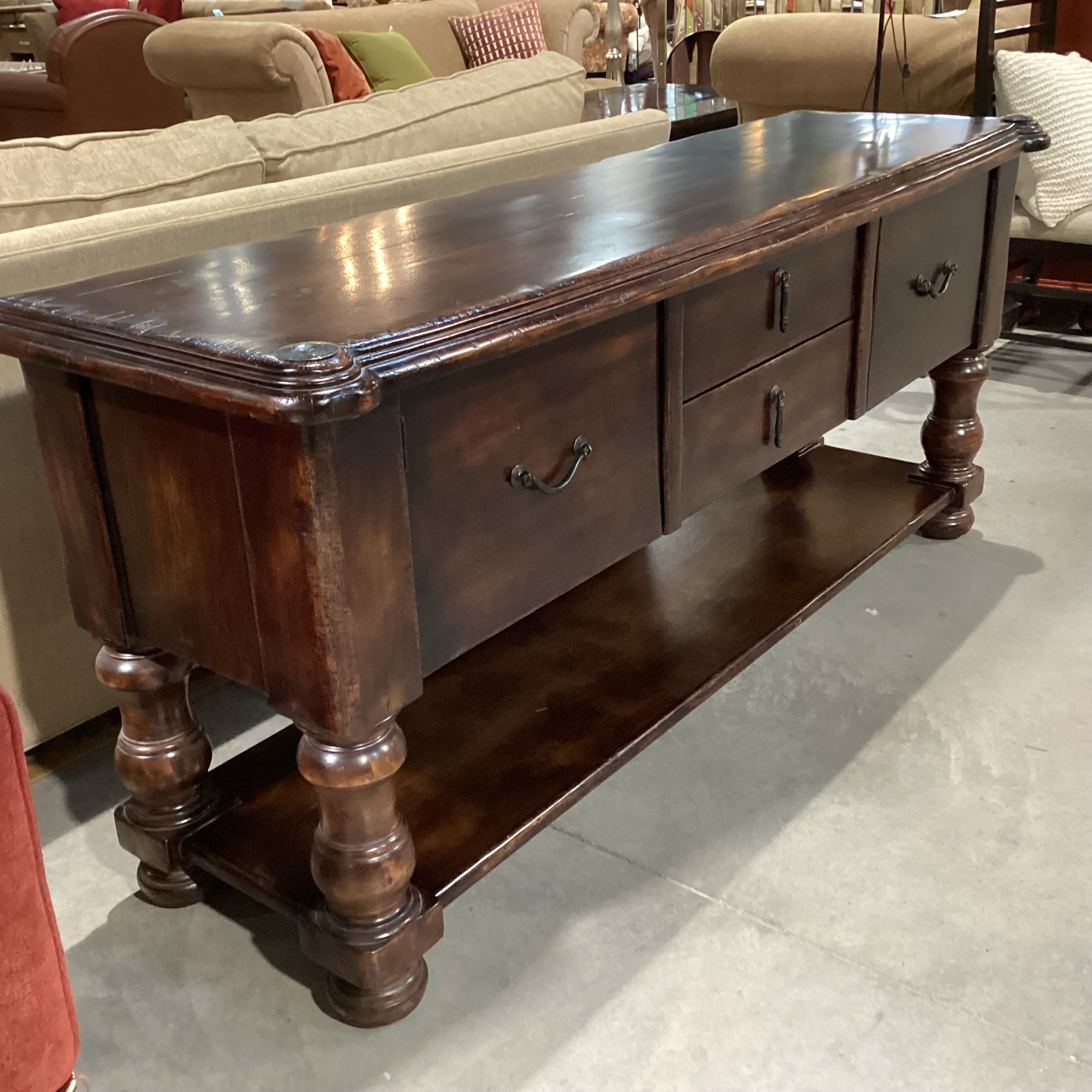 South Cone Distressed Finished Carved Wood 2 Drawer 2 Door Credenza 72"x 21"x 31.5"