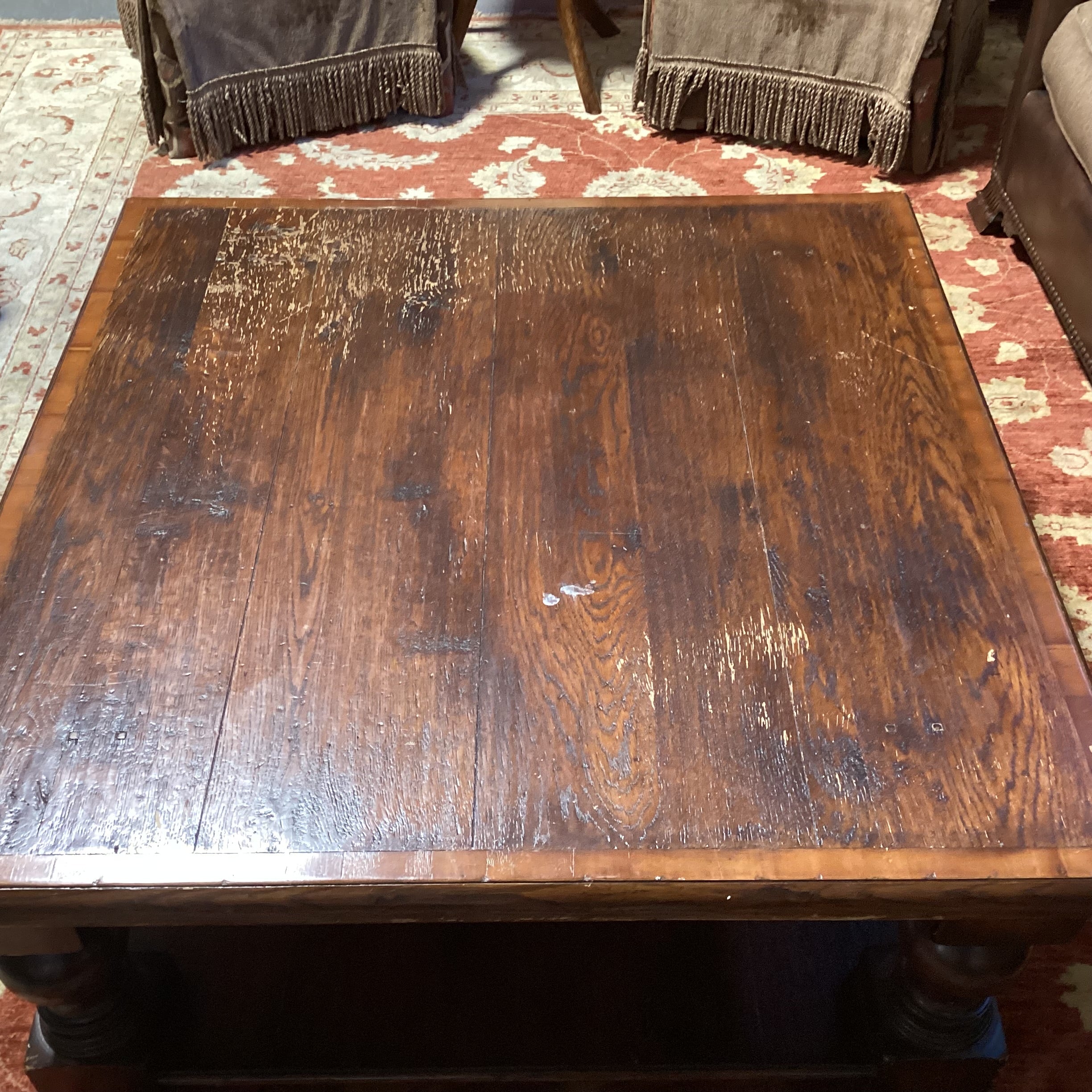 Solid Distressed Carved Wood with Bottom Shelf Square Coffee Table 42"x 42"x 20"
