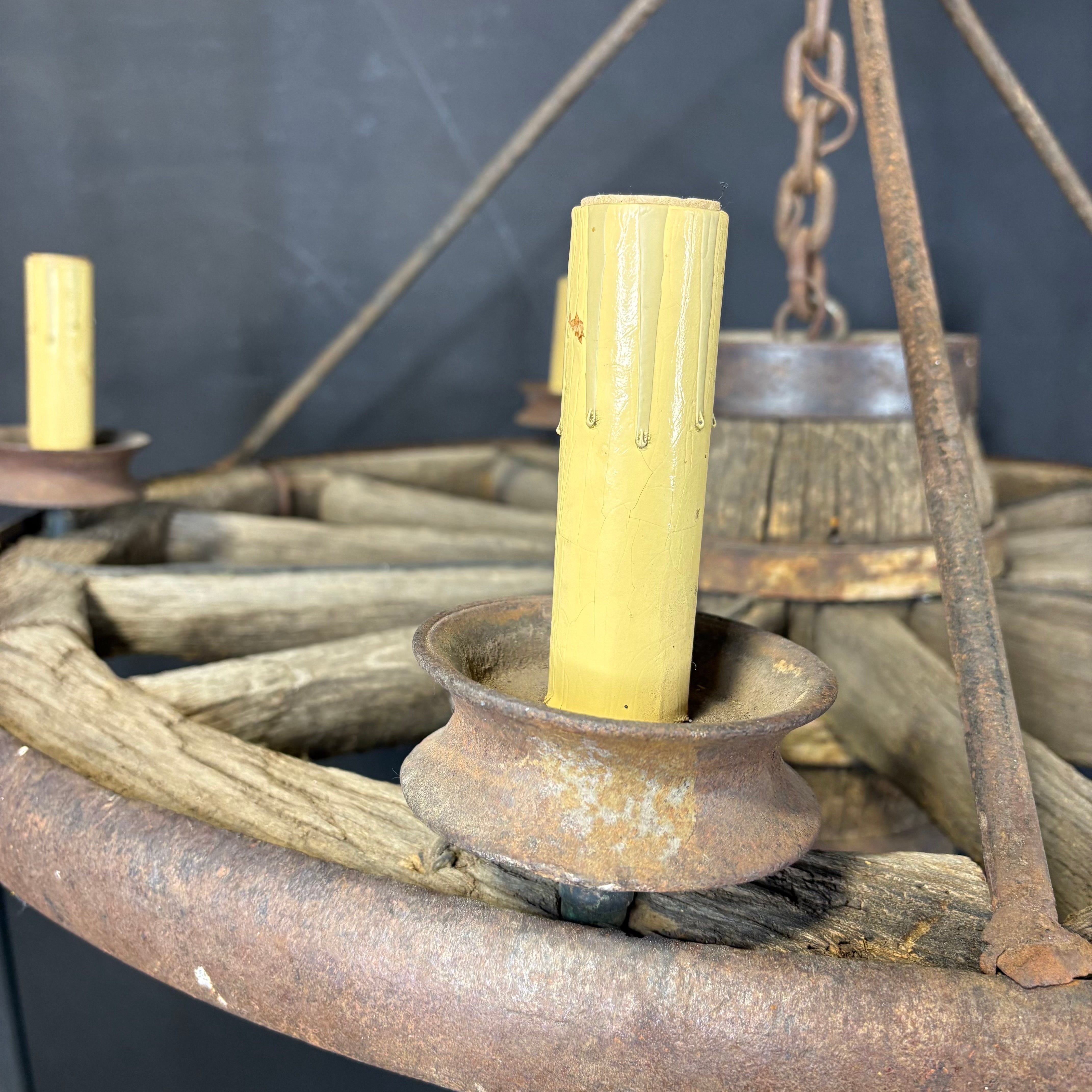 Antique 5-Light Wood and Iron Wagon Wheel Chandelier 37” Diameter x 45”