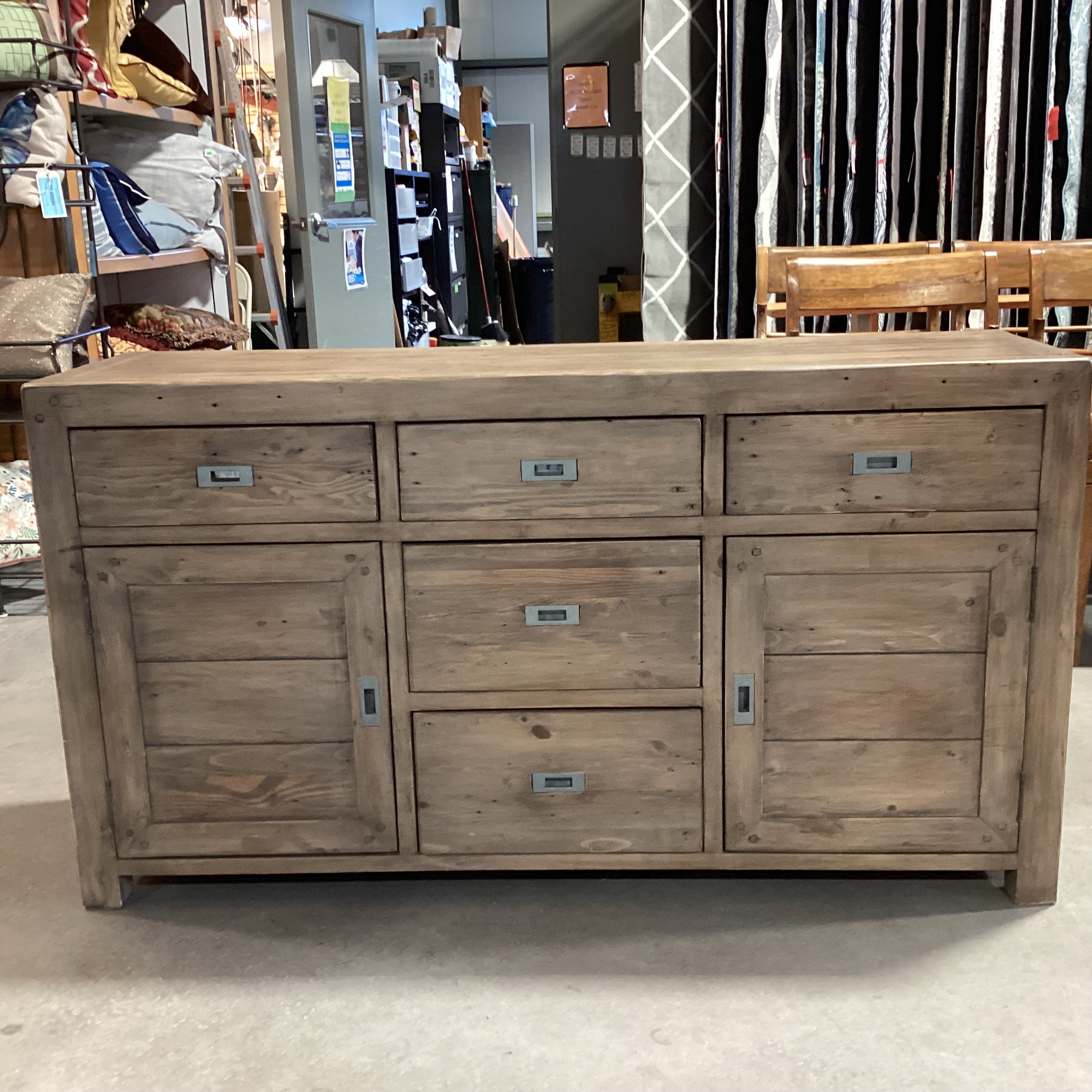 Rustic Reclaimed Wood Campaign Style 2 Door with Shelves 5 Drawer Sideboard 61"x 18"x 33.5"