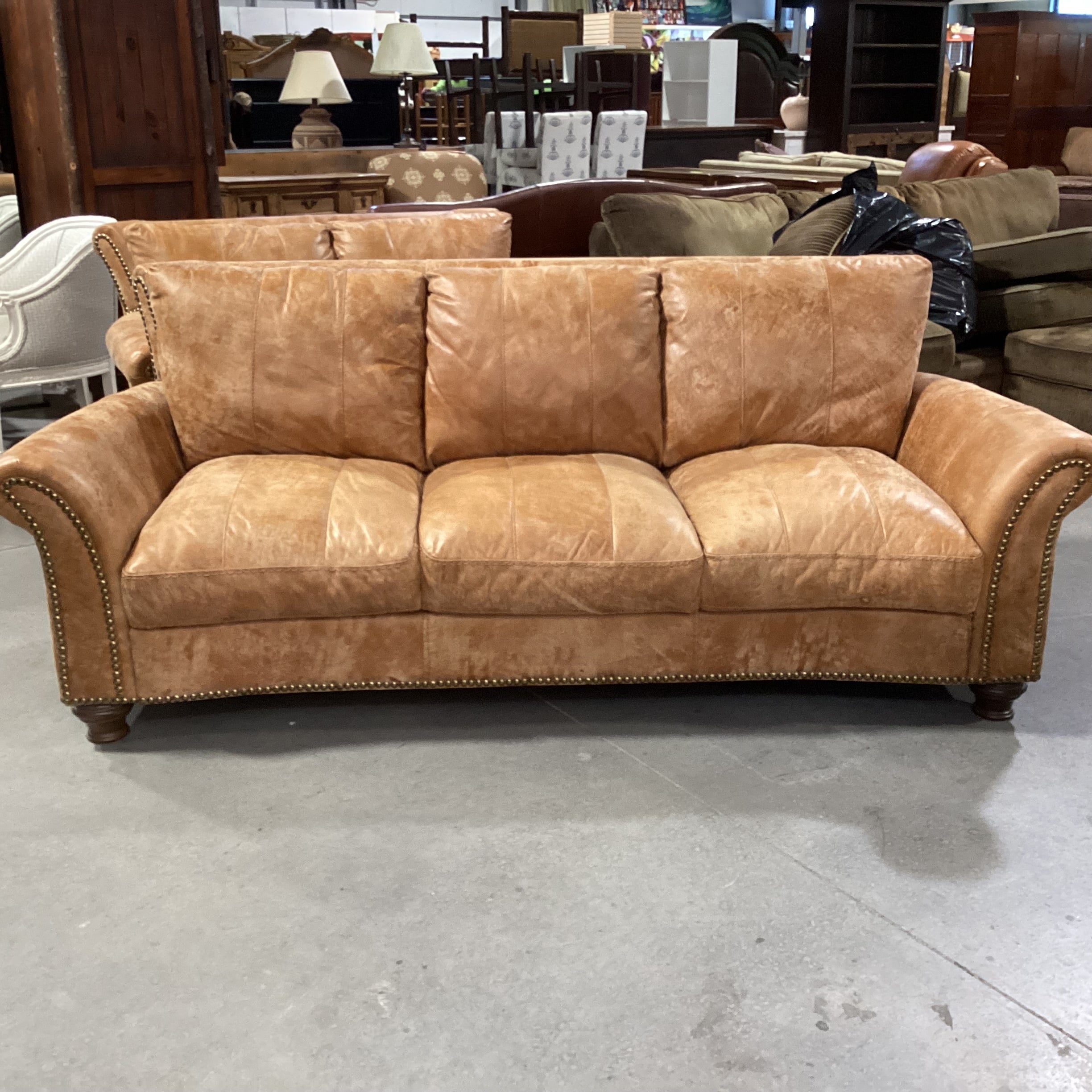 Tan Distressed Leather Nailhead with Curved Arm & Back Sofa 88"x 40"x 34"