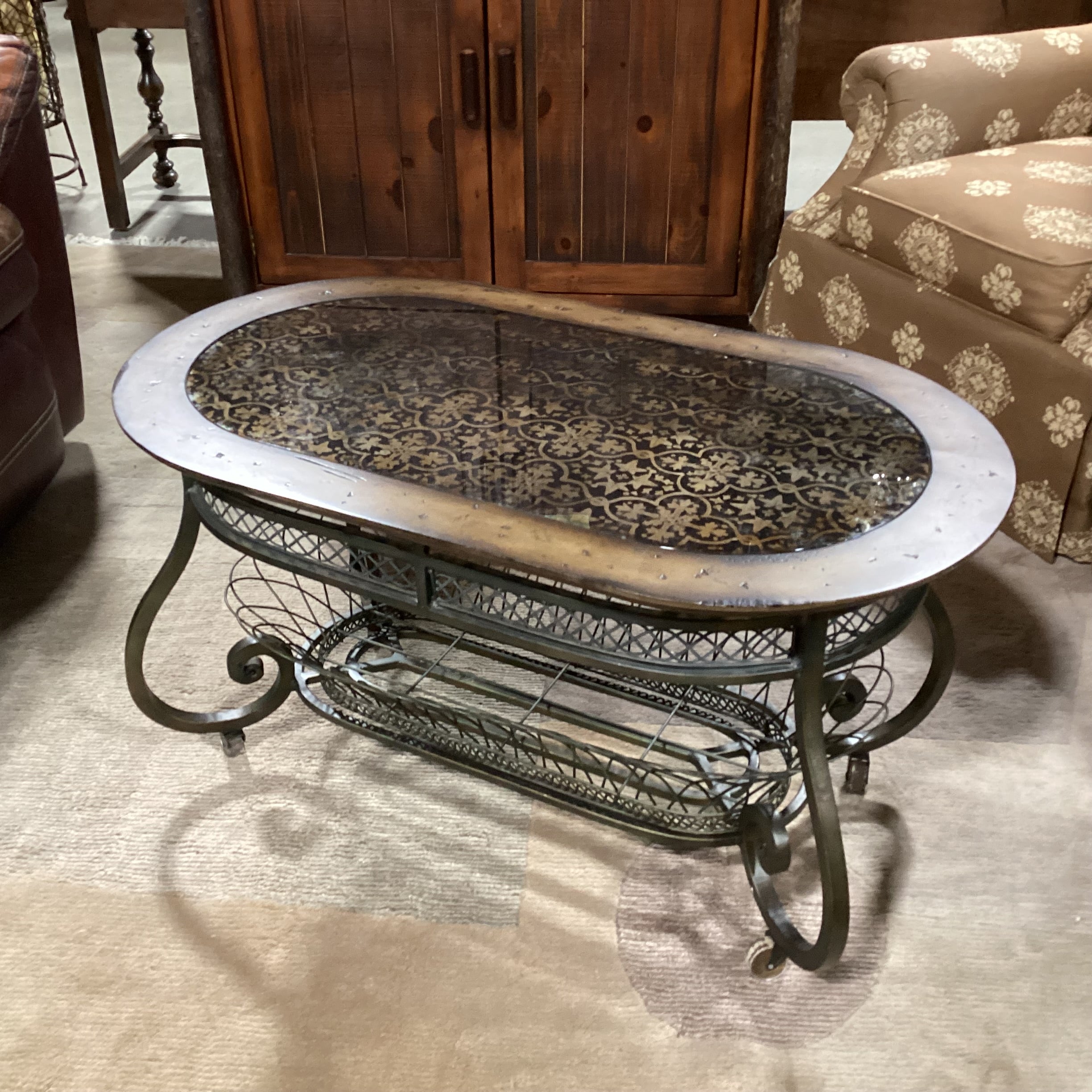 Distressed Wood & Metal with Black Detailed Leaf Design Glass on Casters Coffee Table 38"x 21.5"x 20"