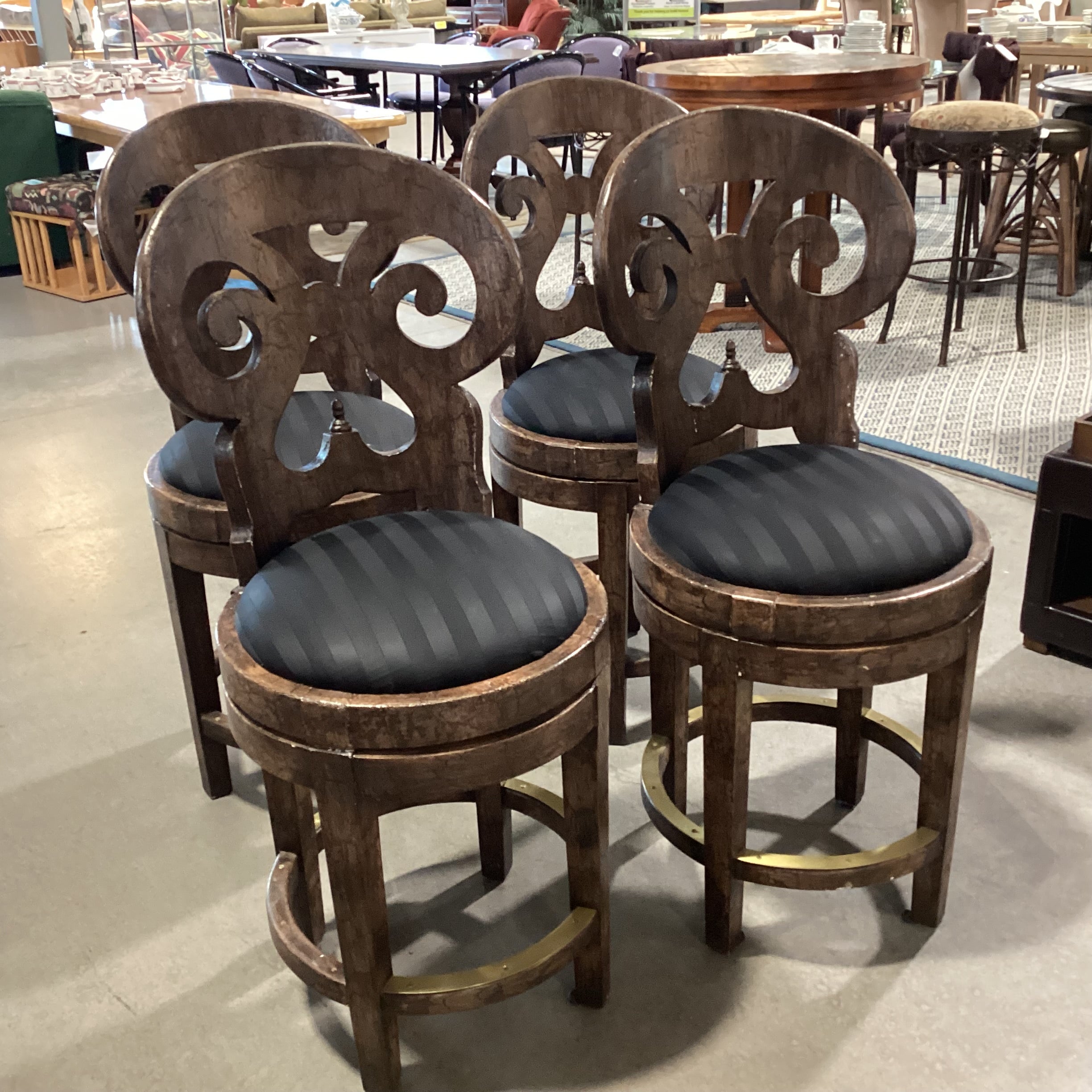 SET of 4 Carved Scroll Back Textured Crackle  Finish & Black Seat Swivel Barstools 25"