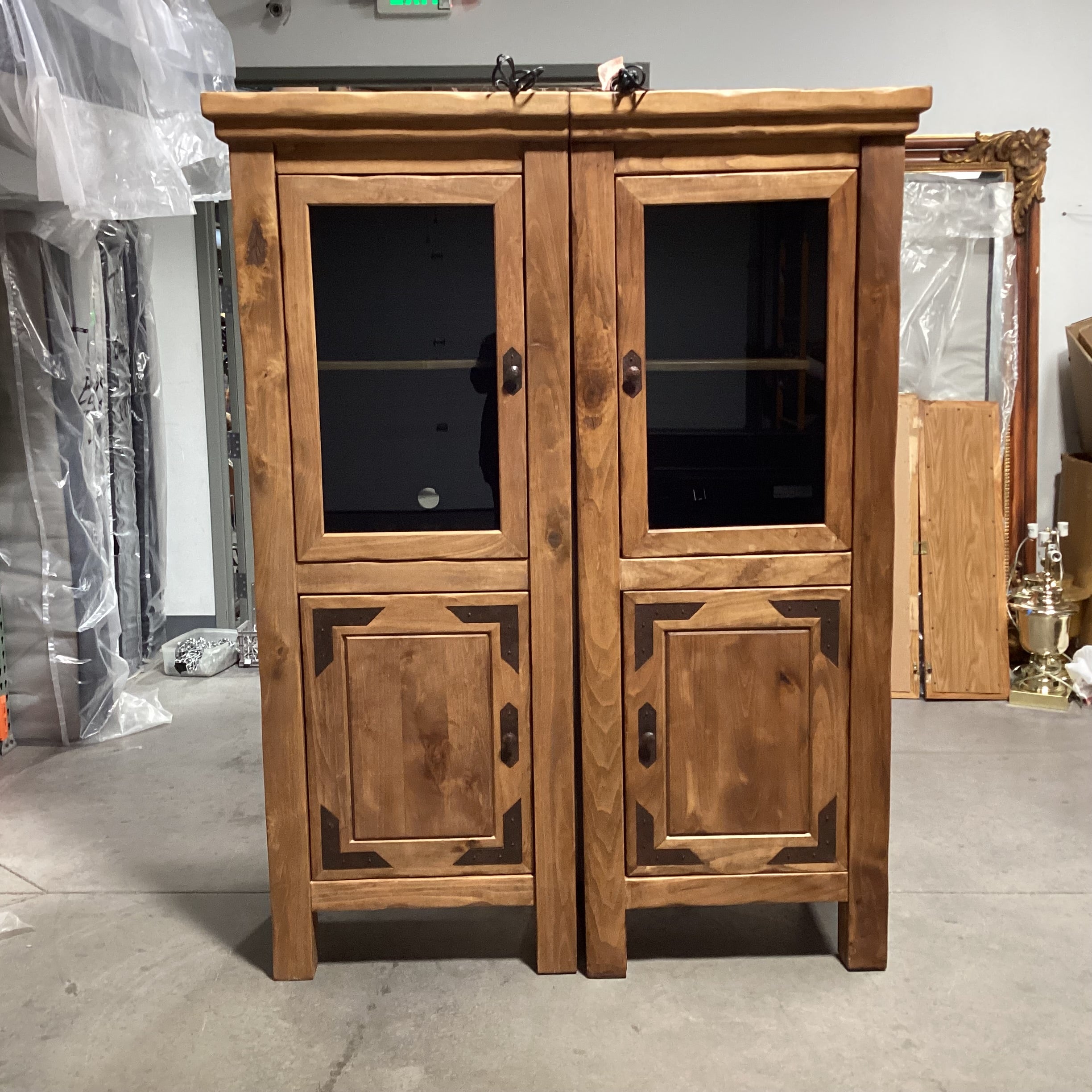 SET of 2 Solid Rustic Wood 4 Door with Shelves Double Lighted Cabinet Bookcase 57"x 23"x 75"