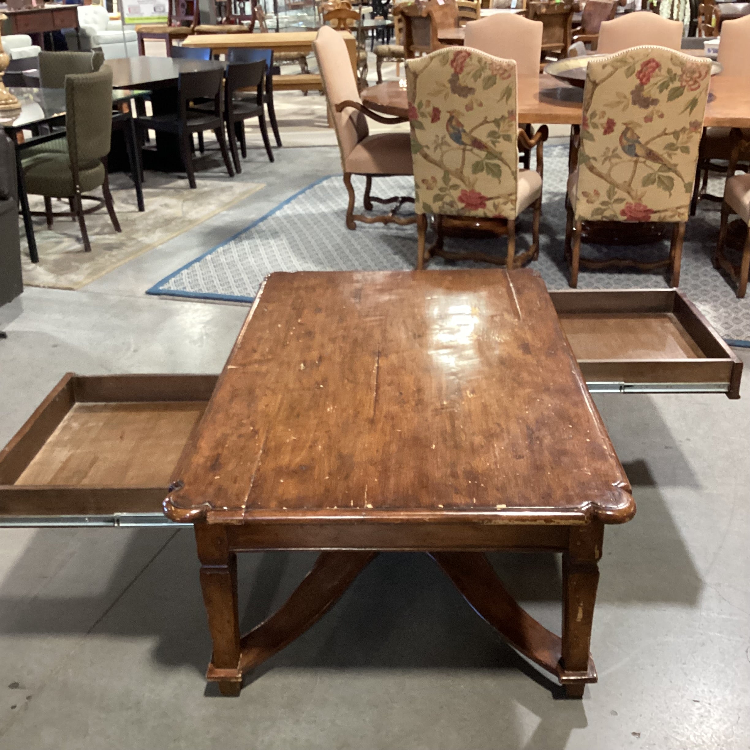 Distressed Finish Ornate Carved Edge & Trestle 2 Drawer Coffee Table 60"x 38"x 22"