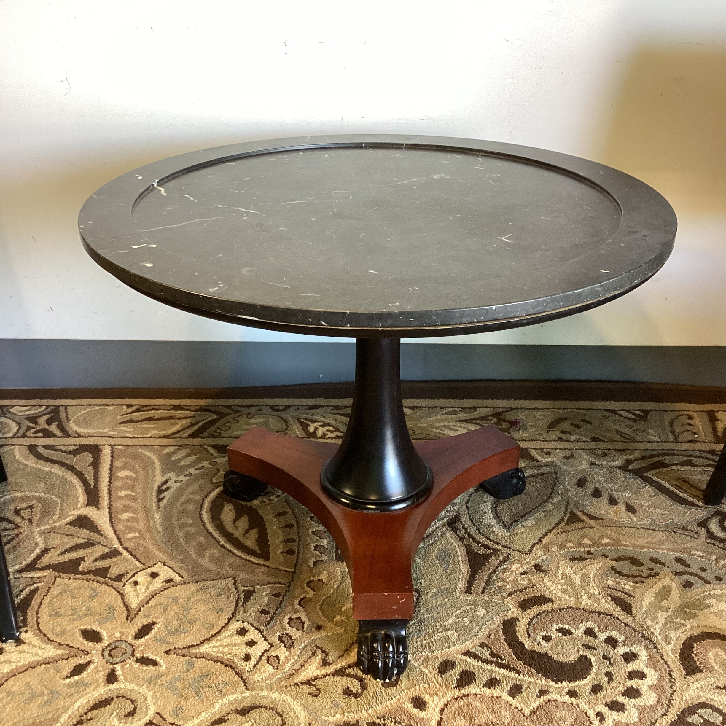 Ralph Lauren Round Black Marble Mahogany Pedestal with Carved Paw Feet Foyer Accent Table 38.5" Diameter x 28"