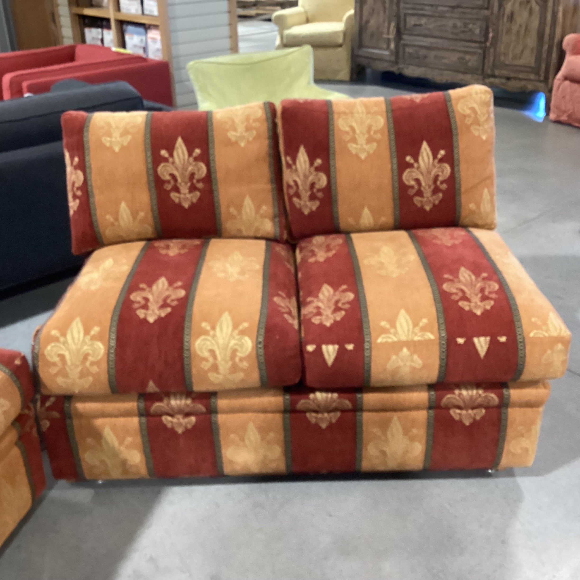 R Jones Custom Rust Gold Fleur De Lis Down Mix 2 Piece Sofa 103"x 37"x 30"