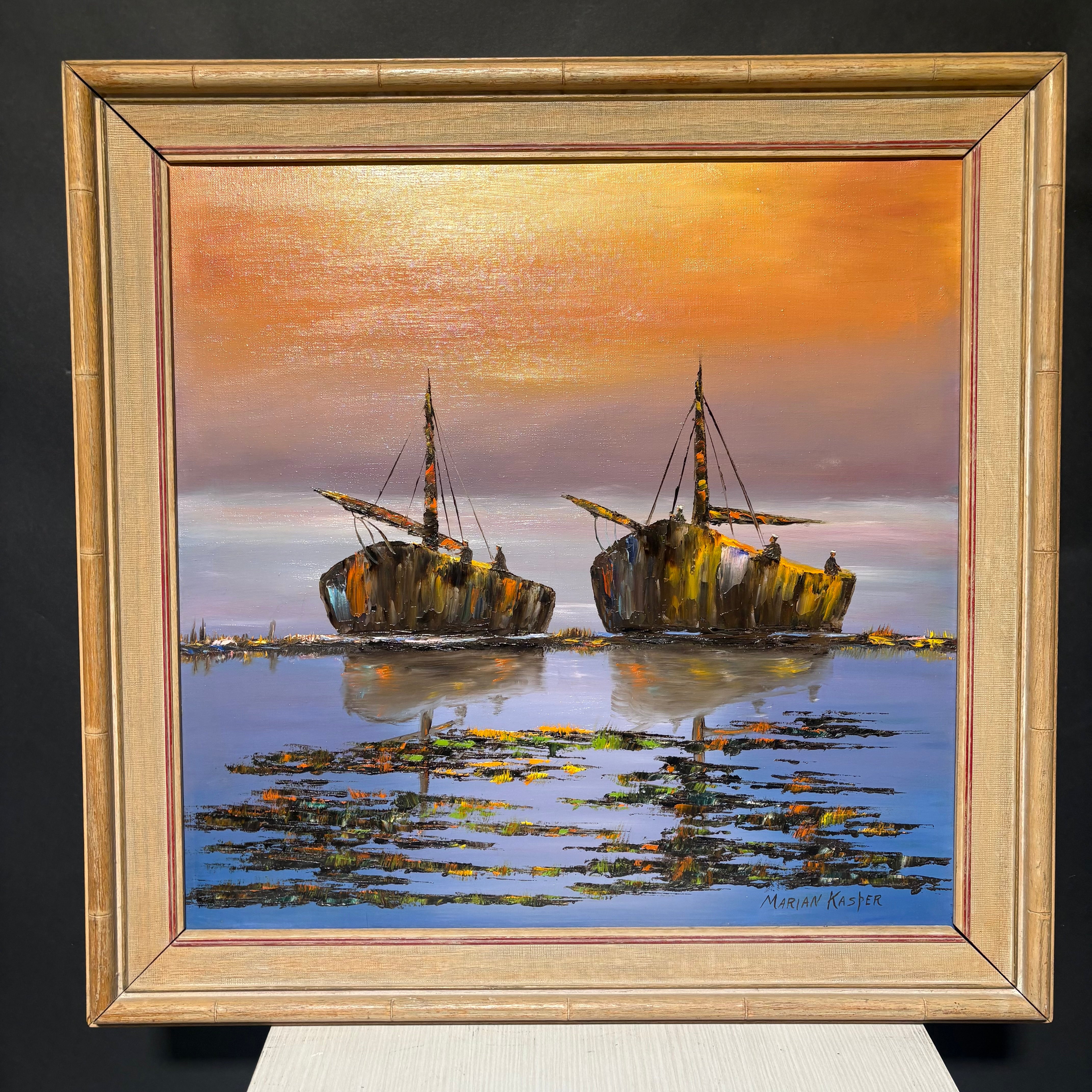 Marian Kasper Original Nautical Sunset Oil on Canvas Framed Wall Decor 29.5" x 29"