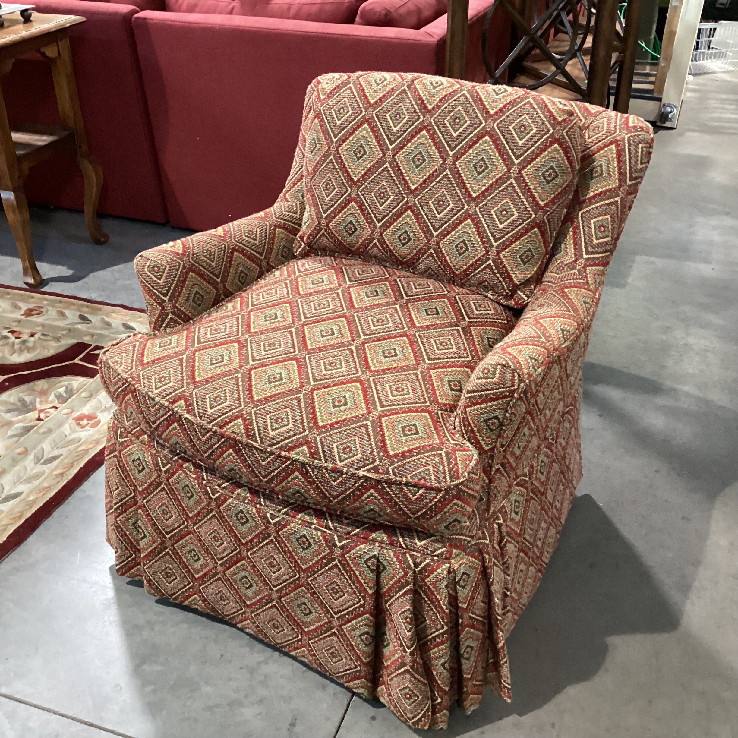 Dindy Foster Interiors Brown Gold Red Sage Diamond Pattern Woven with Tailored Skirt Chair 30"x 32"x 30"