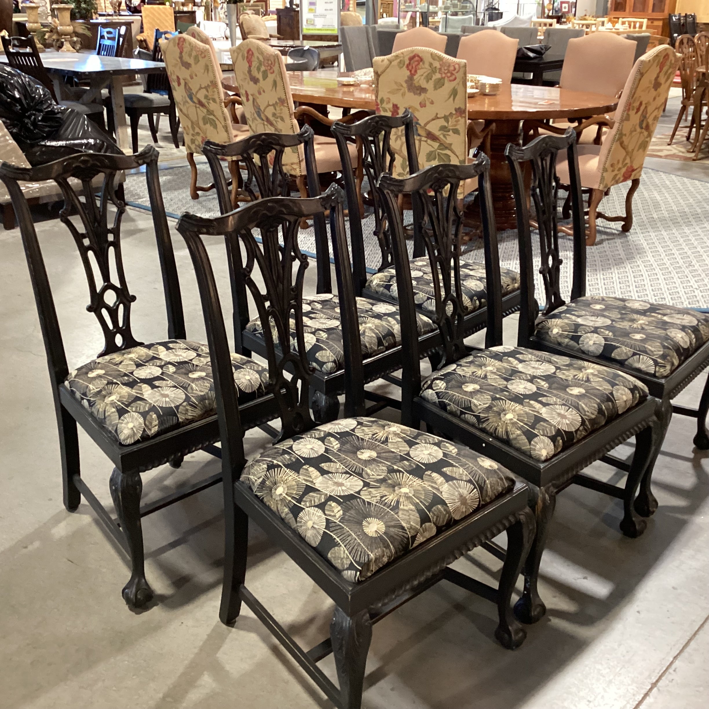 SET of 6 Ornate Carved Black Claw & Ball Wood Black Tan White Dandelion Dining Chairs 23"x 22"x 40"