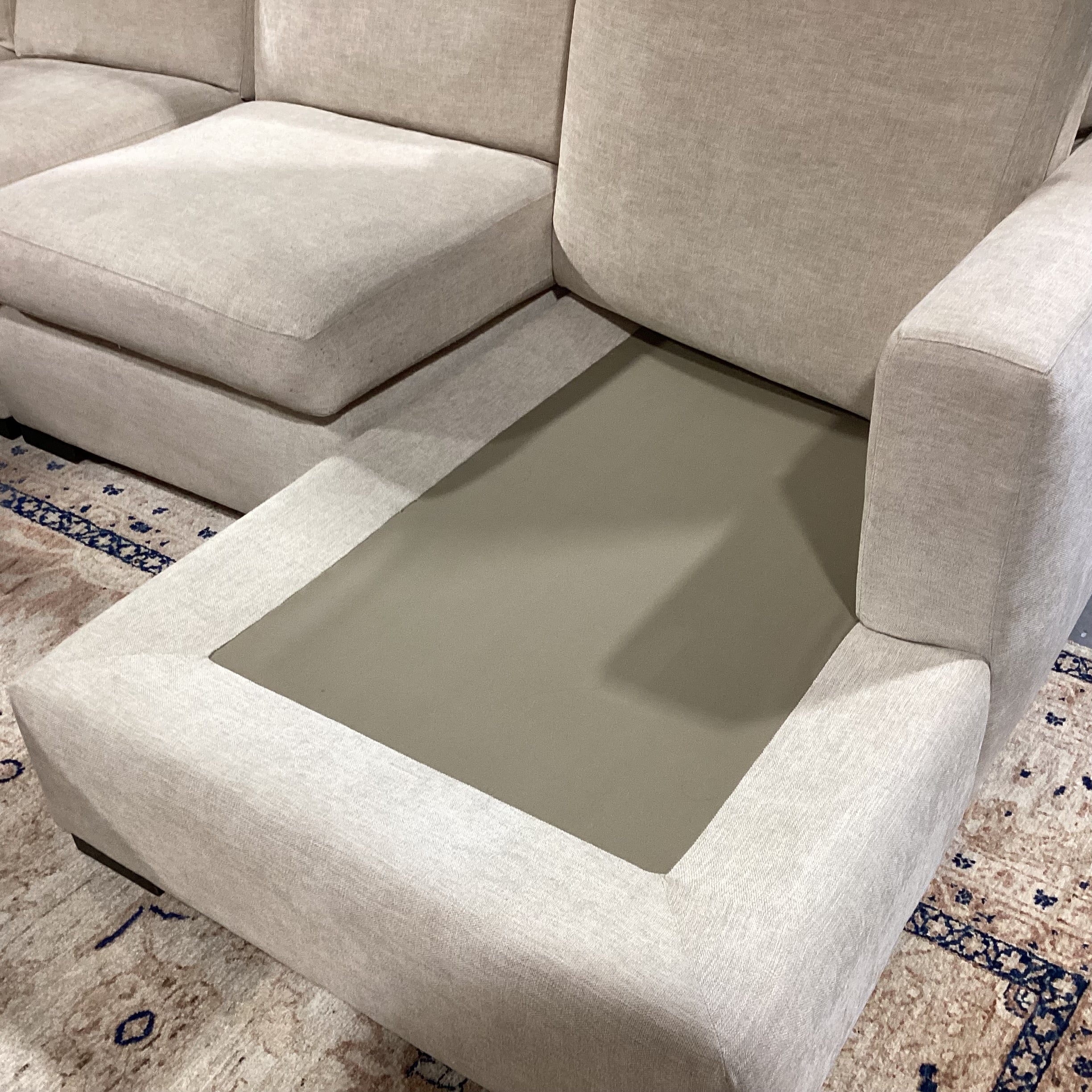 Custom Cream Heather Woven Track Arm 3 Piece with Chaise Sectional 126"x 66"x 42"x 32"